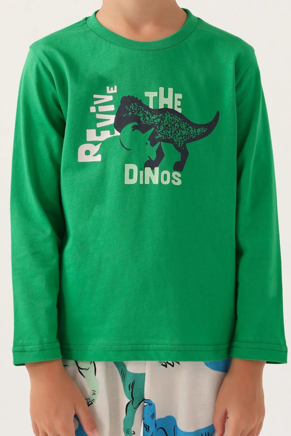 Erkek Çocuk Dinozor Desenli Yeşil Pijama Takımı - Rolypoly