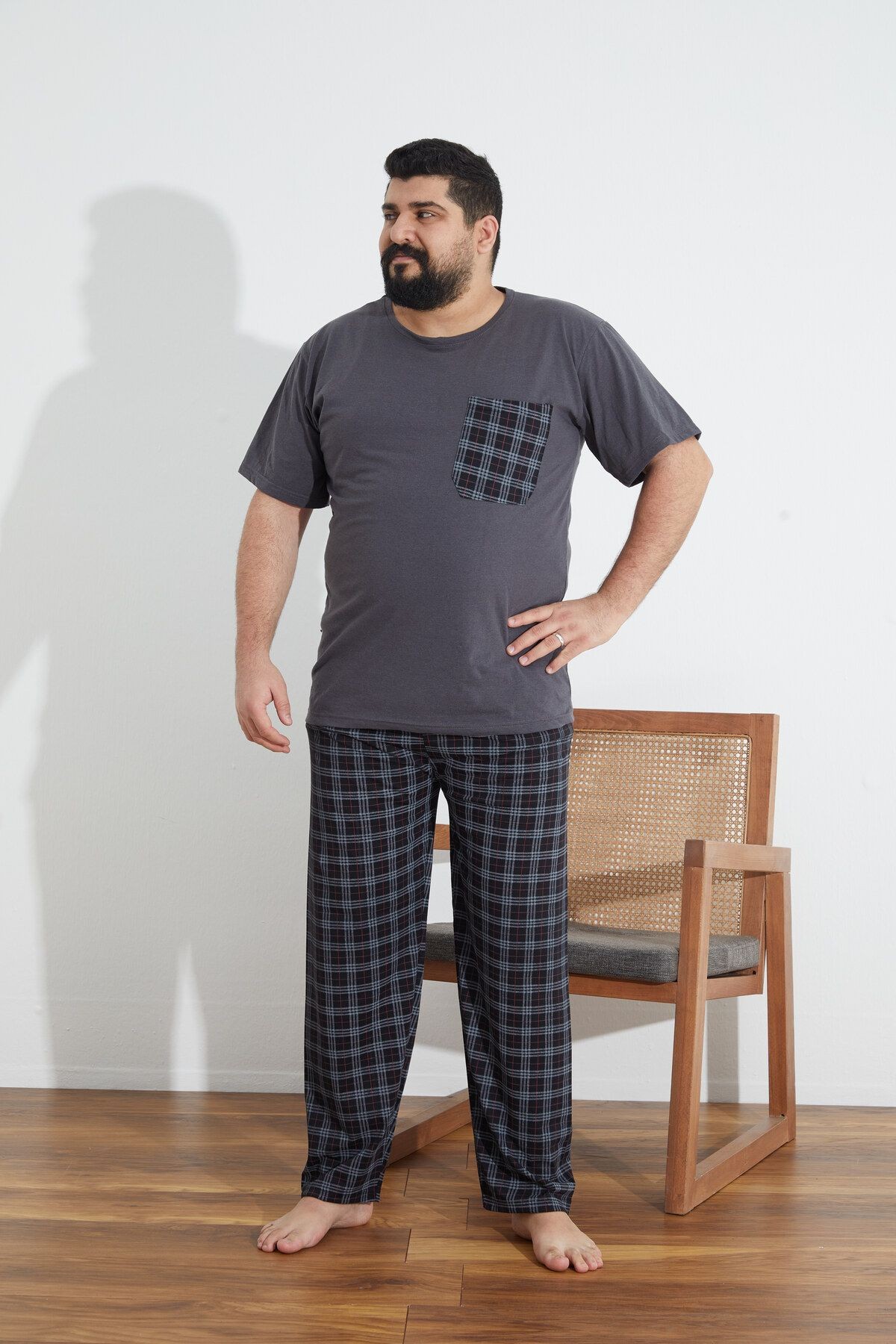 Penye Süprem(İnce) Ekoseli Battal Büyük Beden Yazlık Pijama Takımı