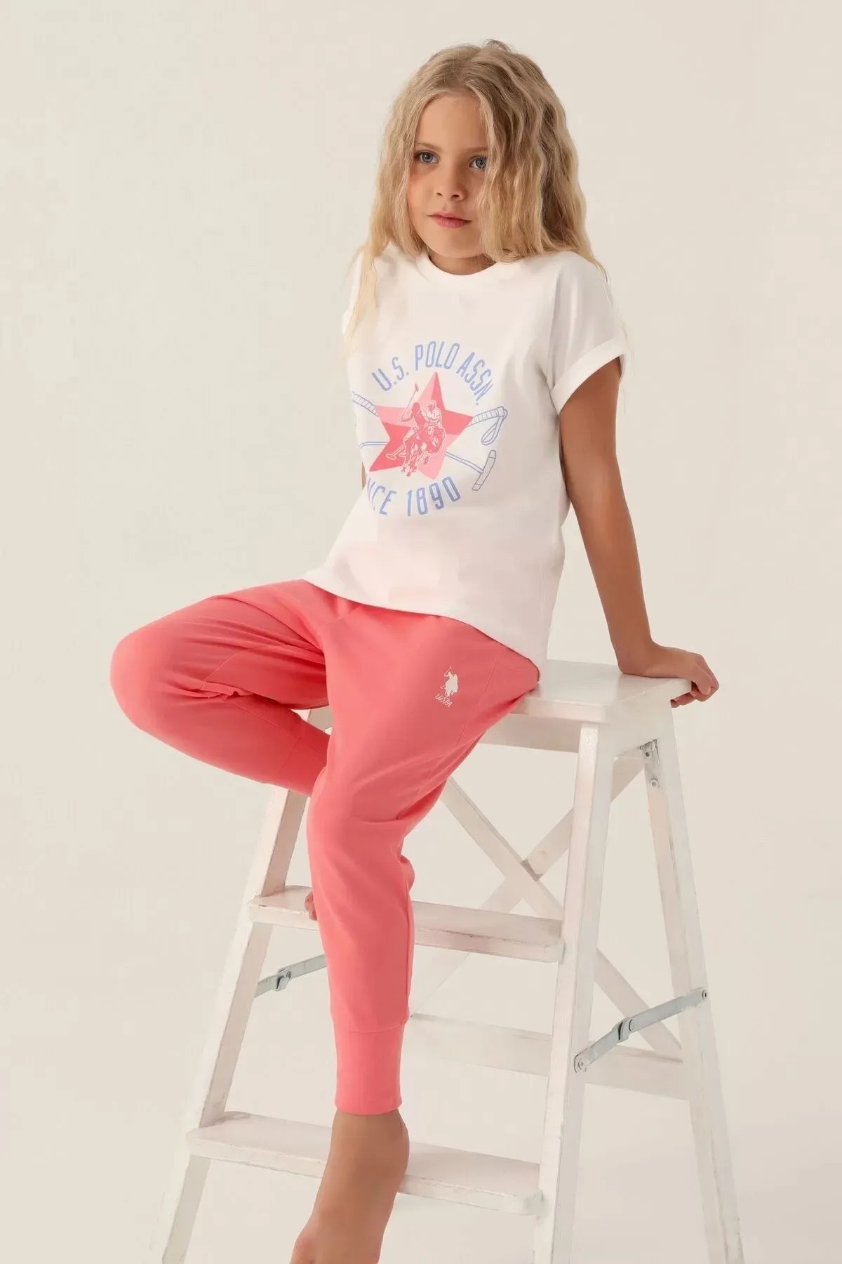 U.S. Polo Assn. Starry Kız Çocuk Kısa Kollu Pijama Takımı Genç Kız Pijama Takımı Kar Melanj/Krem