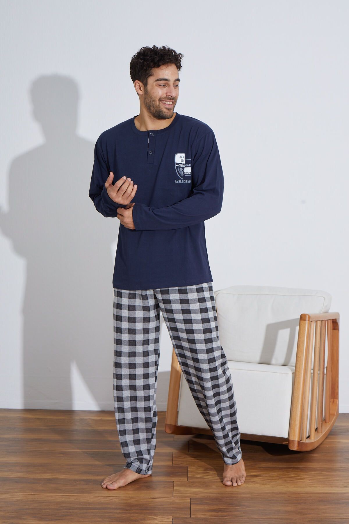 Penye Süprem(İnce) Ekoseli Uzun Kollu Erkek Pijama Takımı