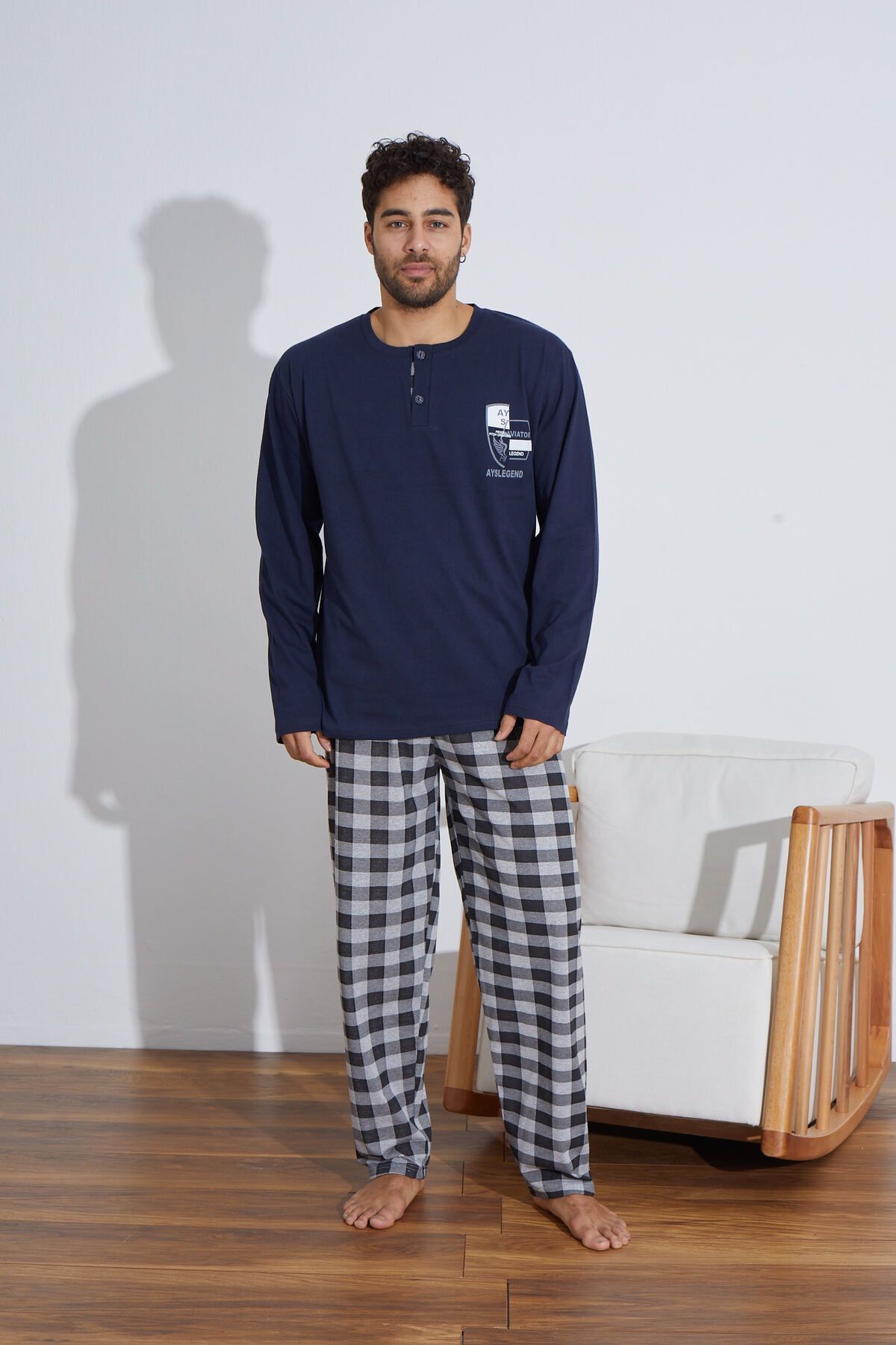 Penye Süprem(İnce) Ekoseli Uzun Kollu Erkek Pijama Takımı