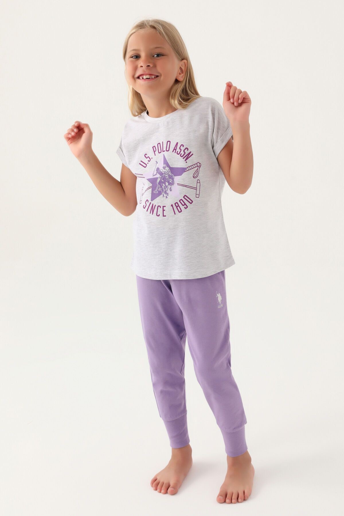 U.S. Polo Assn. Starry Kız Çocuk Kısa Kollu Pijama Takımı Genç Kız Pijama Takımı Kar Melanj/Krem