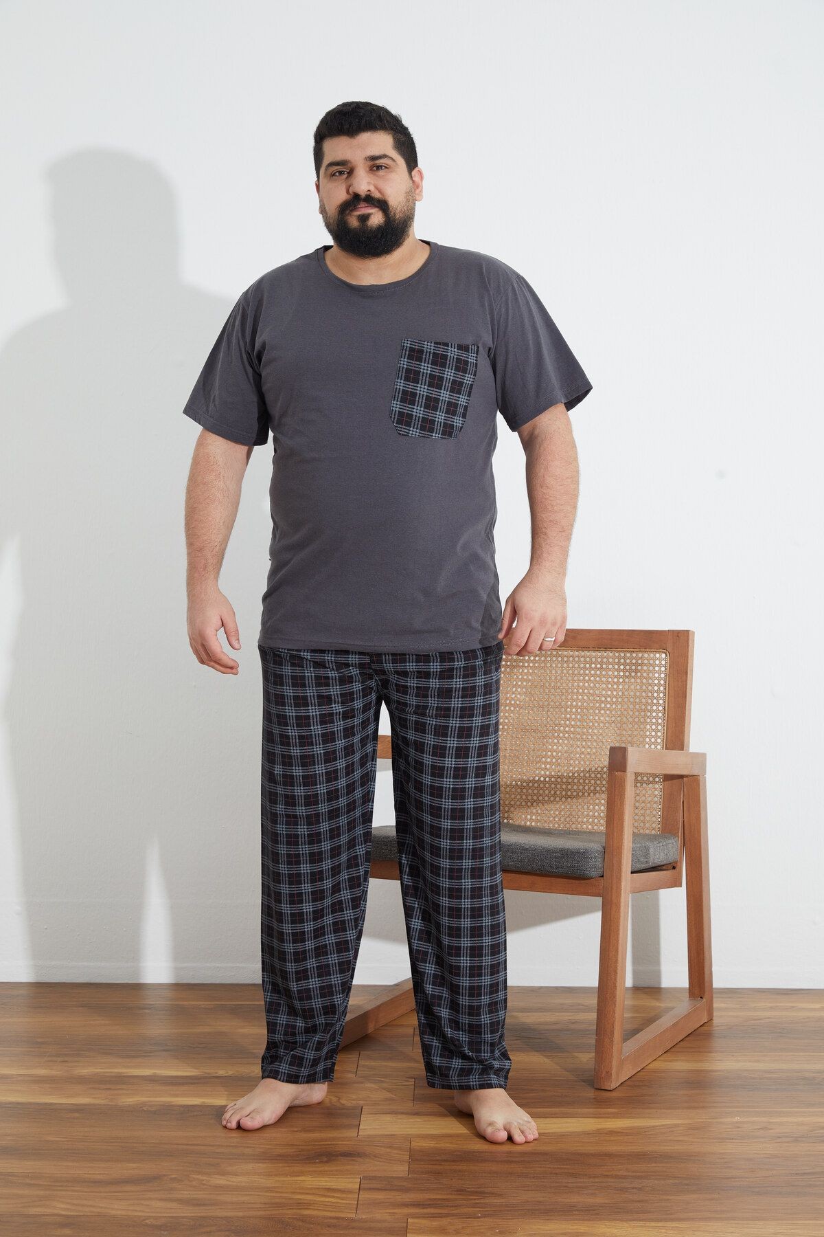 Penye Süprem(İnce) Ekoseli Battal Büyük Beden Yazlık Pijama Takımı