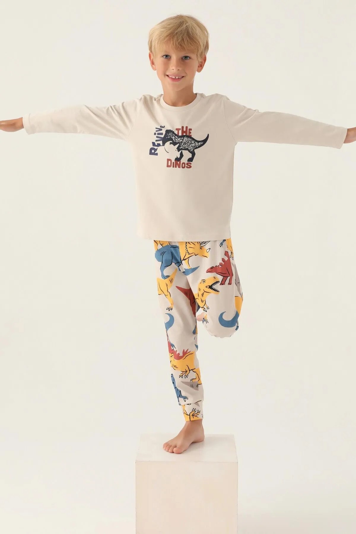 Erkek Çocuk Dinozor Desenli Krem Pijama Takımı - Rolypoly