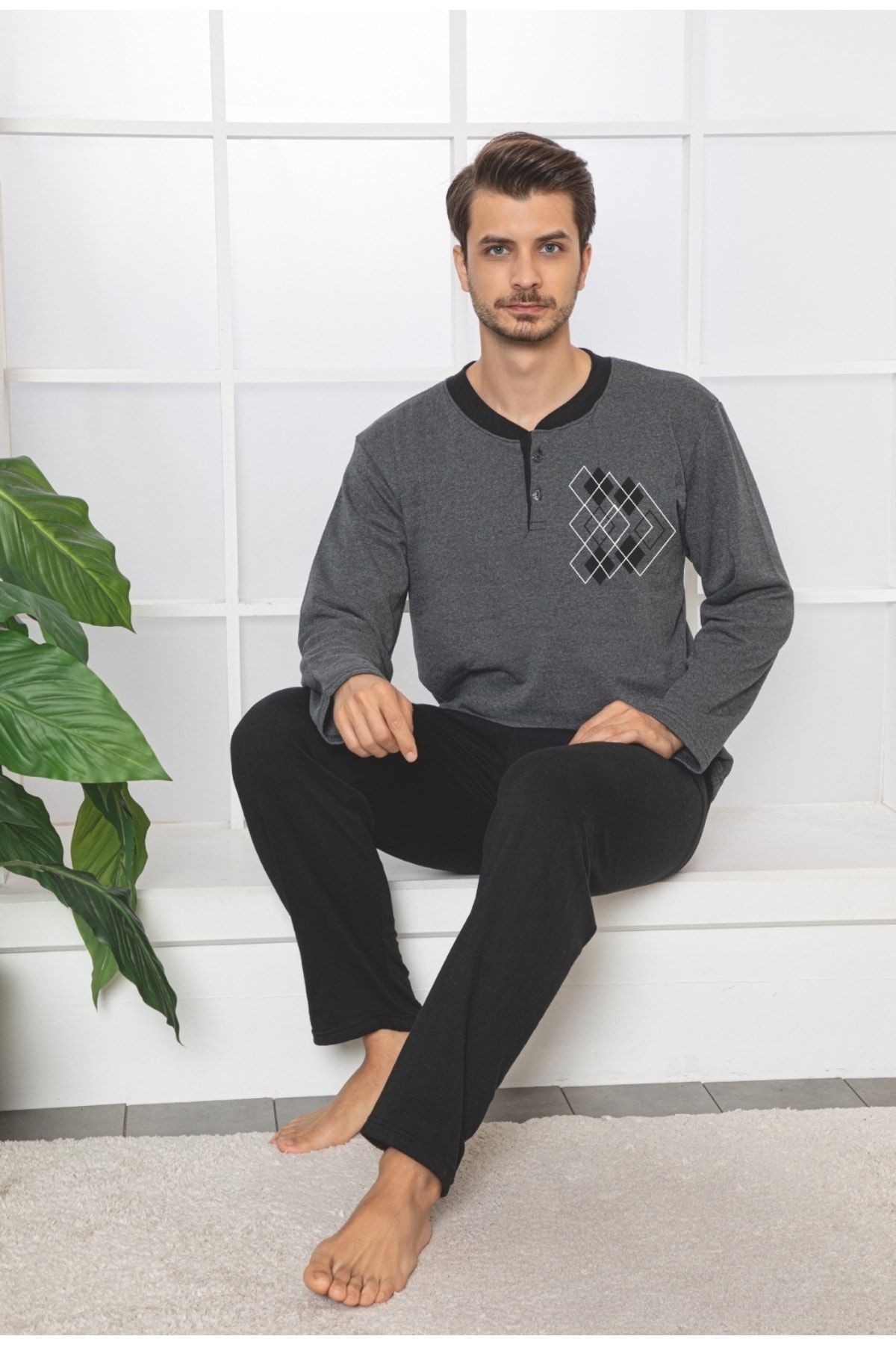 Pamuklu Uzun Kollu Erkek Pijama Takımı(FÜME)