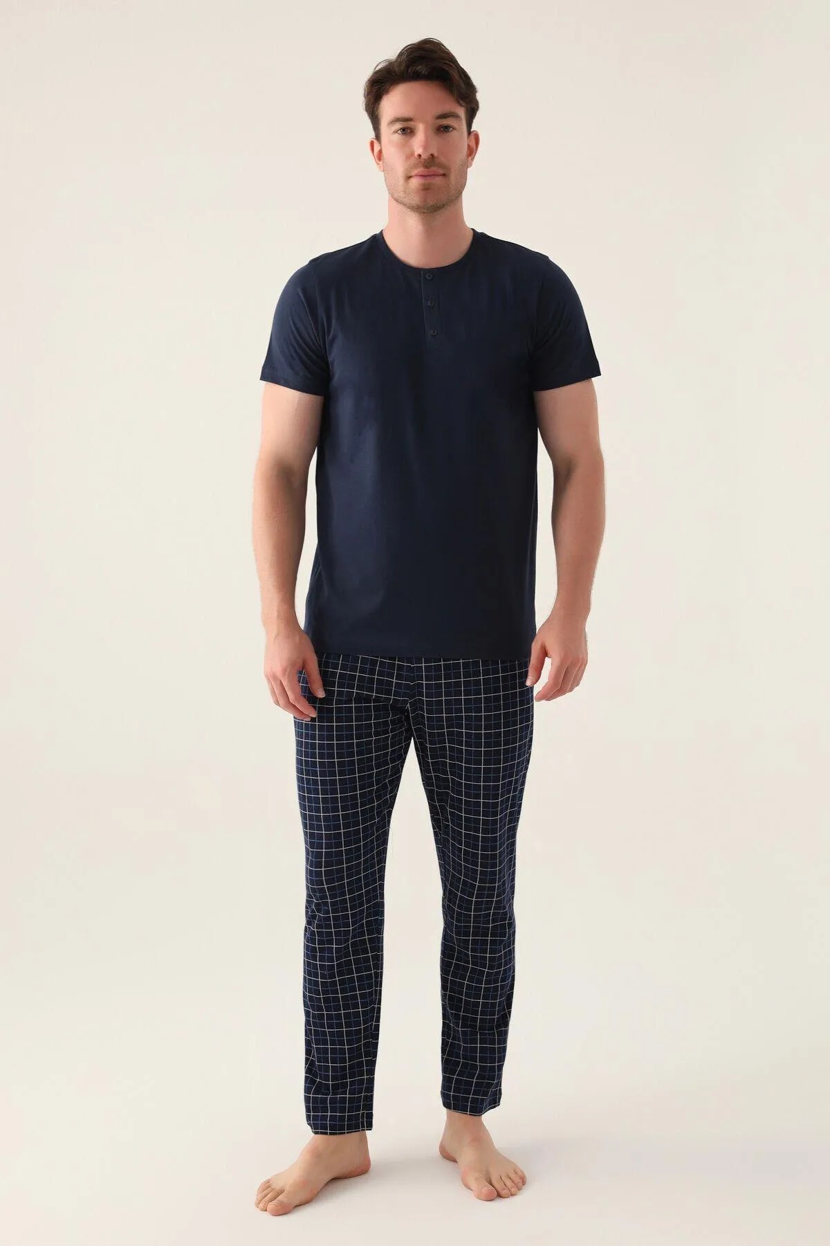 Erkek Ekoseli Pijama Takım Lacivert