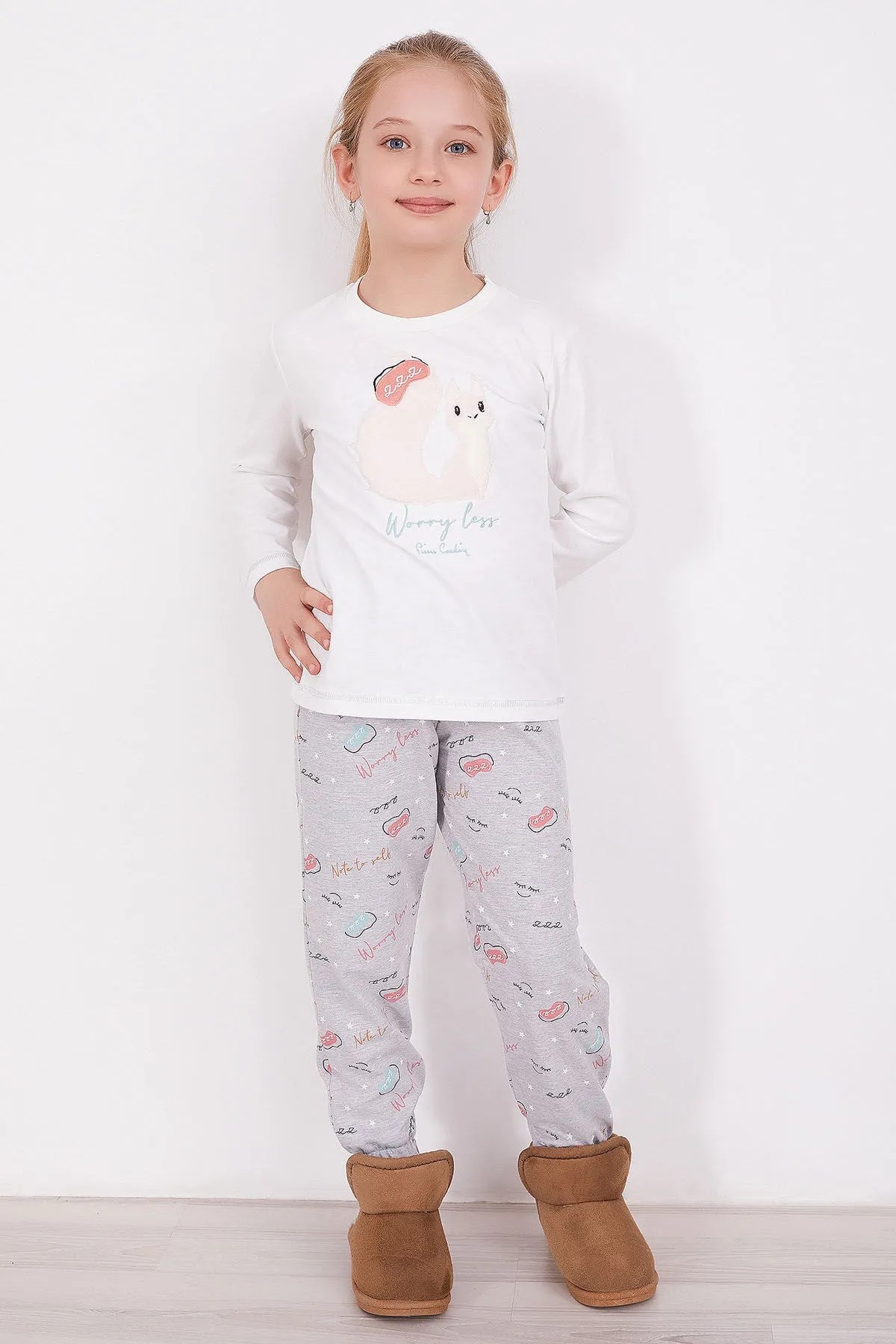 Worry Less Krem Kız Çocuk Uzun Kol Pijama Takım