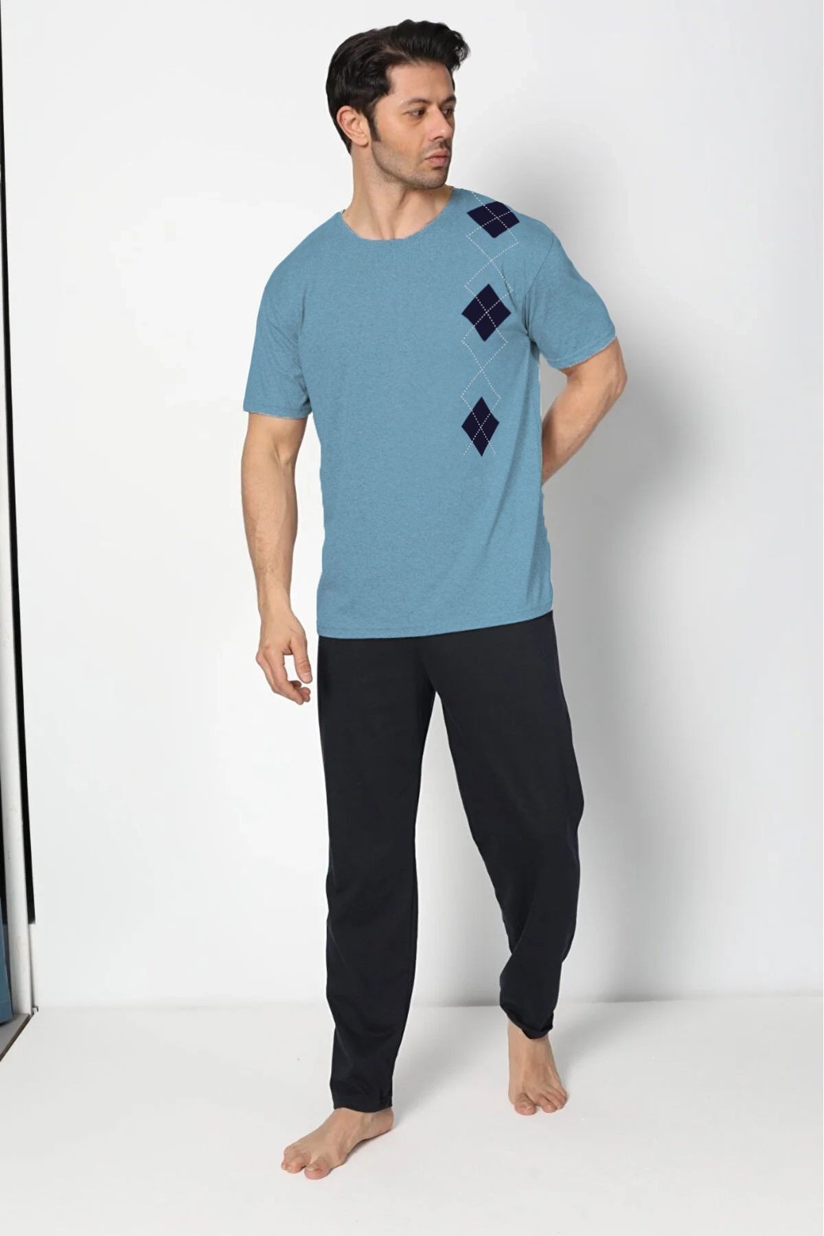 Penye (süprem) Yazlık Erkek Pijama Takımı - AÇIK İNDIGO