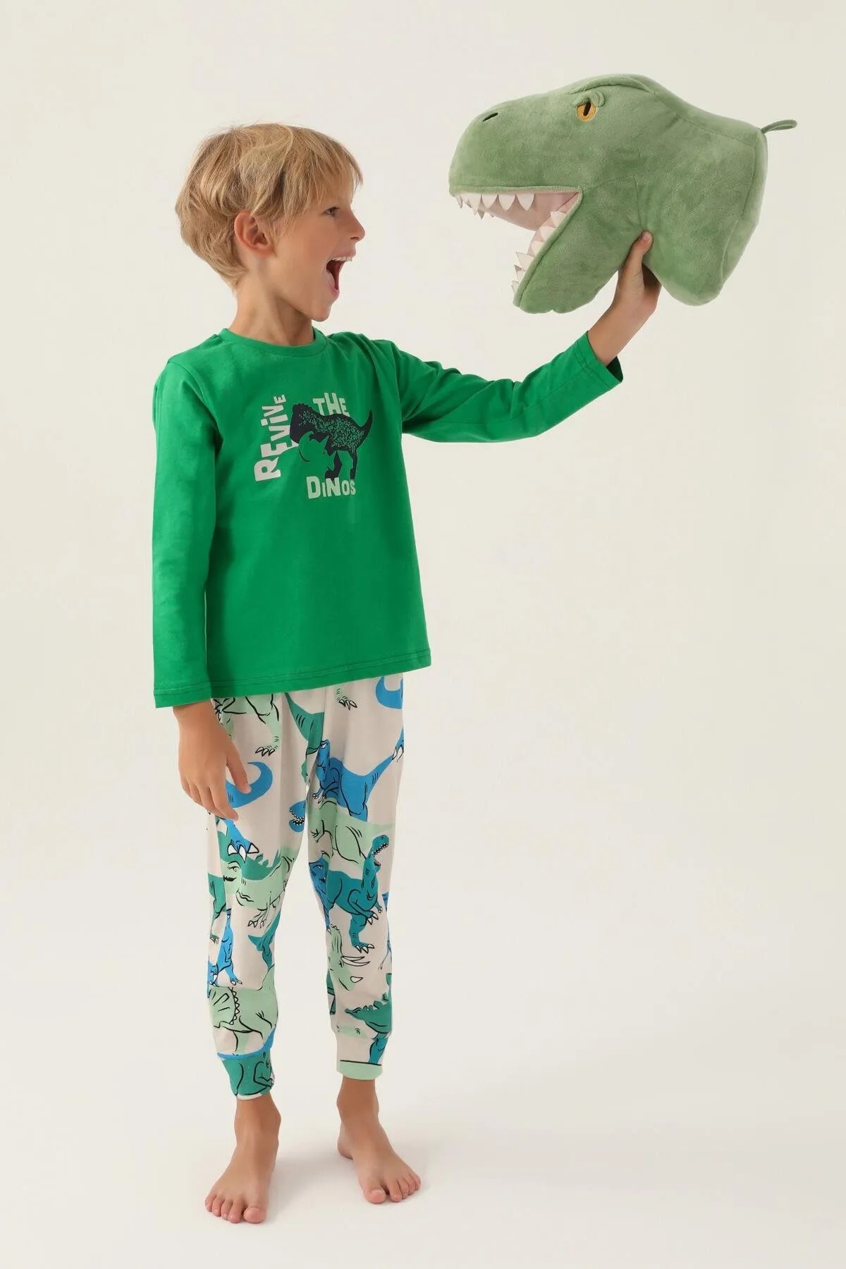 Erkek Çocuk Dinozor Desenli Yeşil Pijama Takımı - Rolypoly