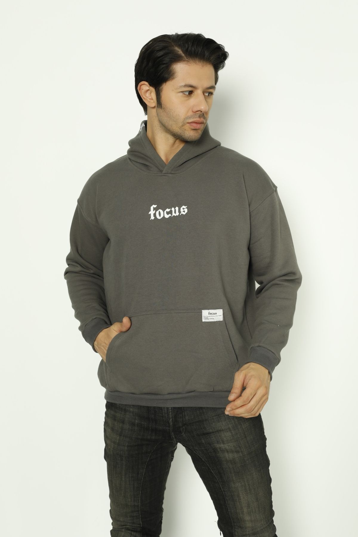 Focus Baskılı Oversize Kapüşonlu Erkek Sweatshirt
