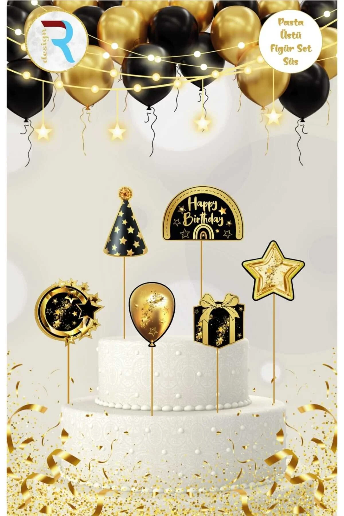 Siyah Gold Pasta Üstü Figür Süs Set