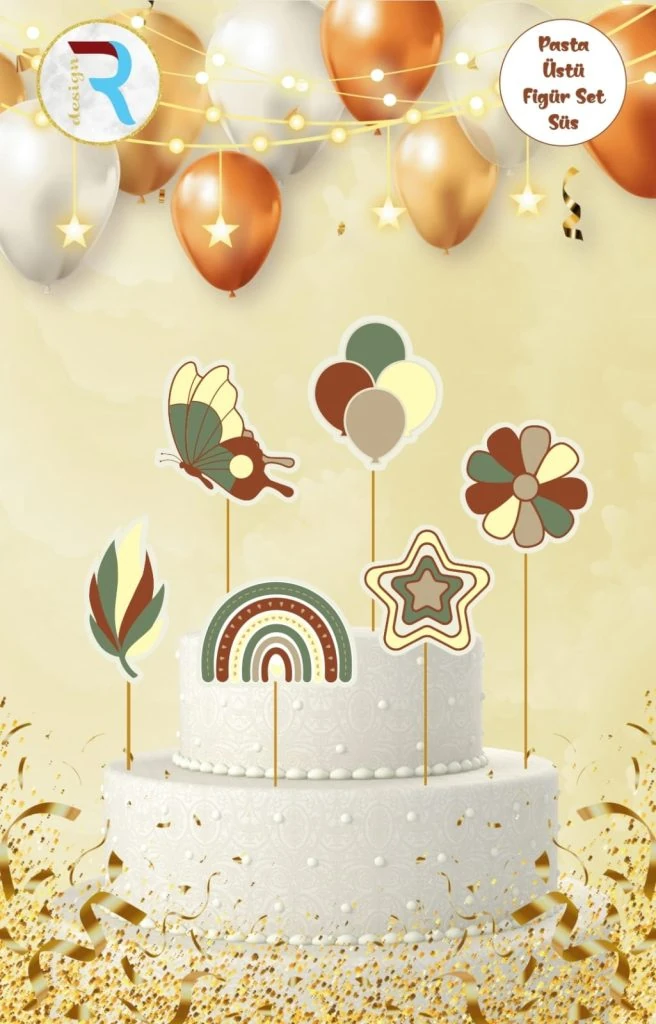Retro Gökkuşağı Pasta Üstü Figür Süs Set