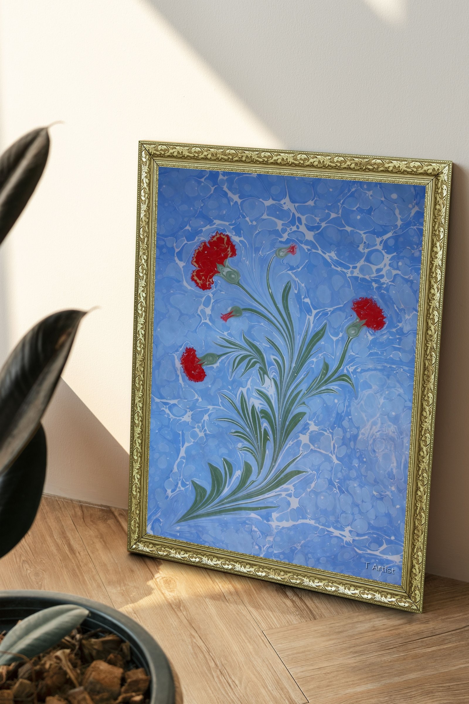 Kahverengi Tonlarda Hareli Ebru 60x80 cm Çerçeveli Tablo