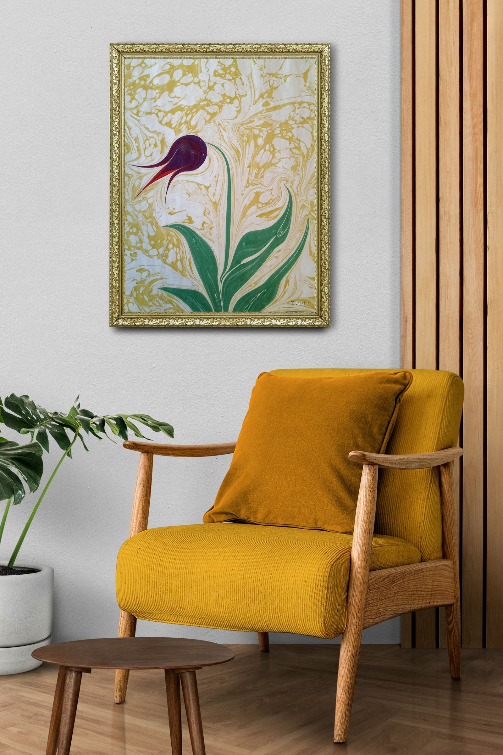 Lacivert Zemin Üzerine Kırmızı Lale Motifli Ebru 60x80 cm Çerçeveli Tablo