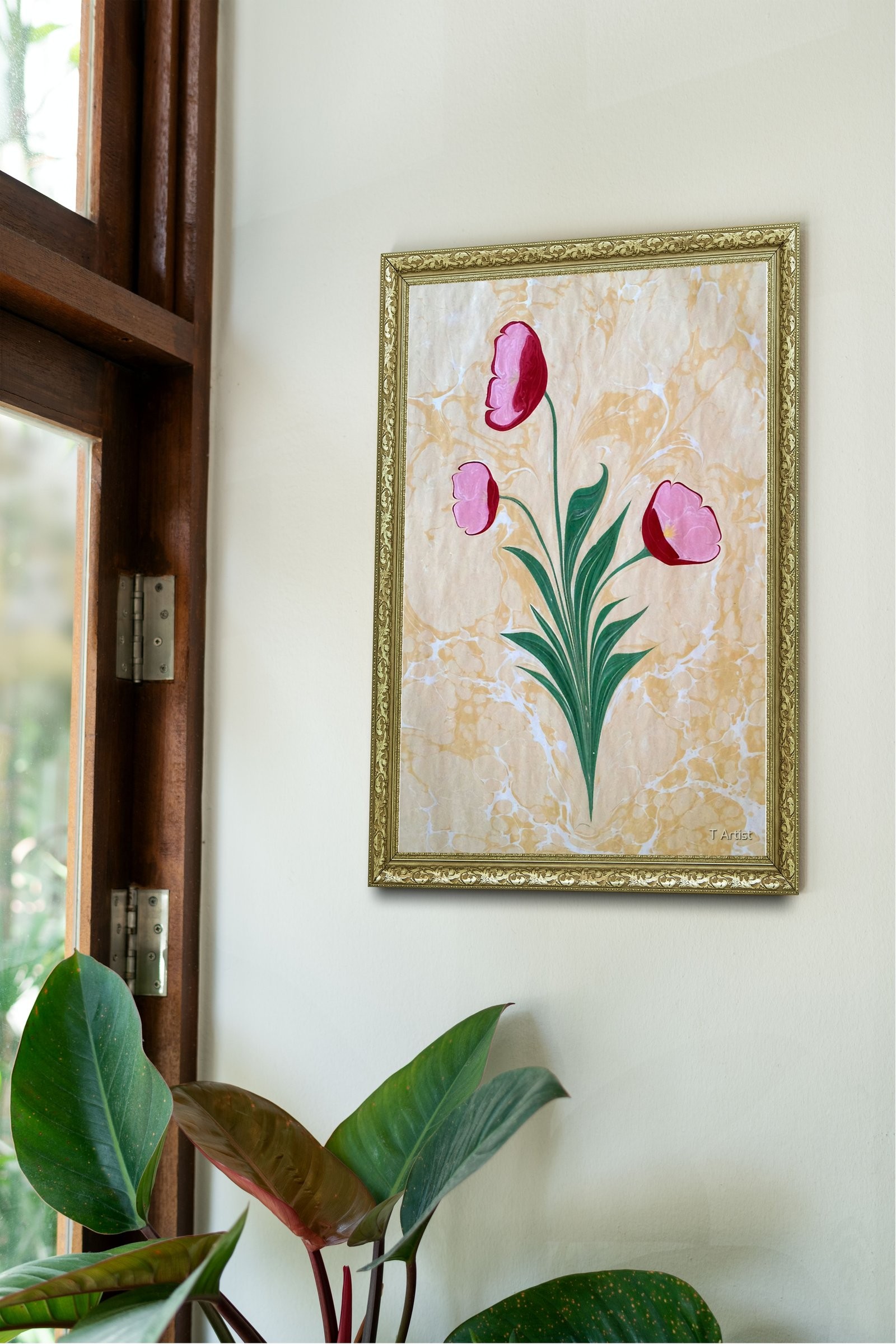 Mor ve Fuşya Serbest Fırça Desenli Ebru 60x80 cm Çerçeveli Tablo