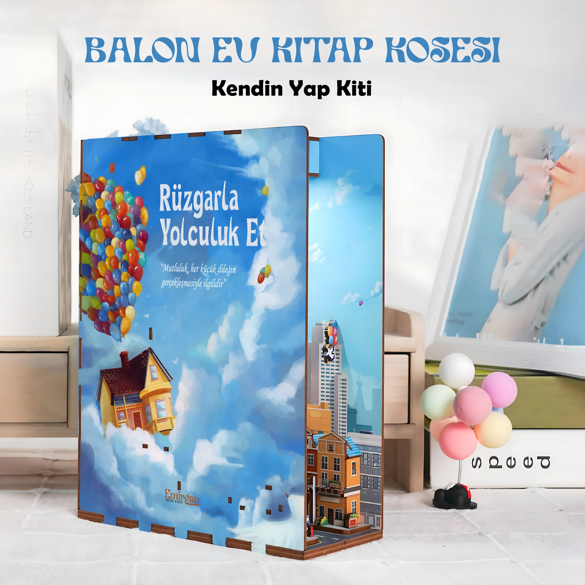 Balon Ev Book Nook – Kendin Yap 3D Ahşap Puzzle Minyatür Kitaplık Kit