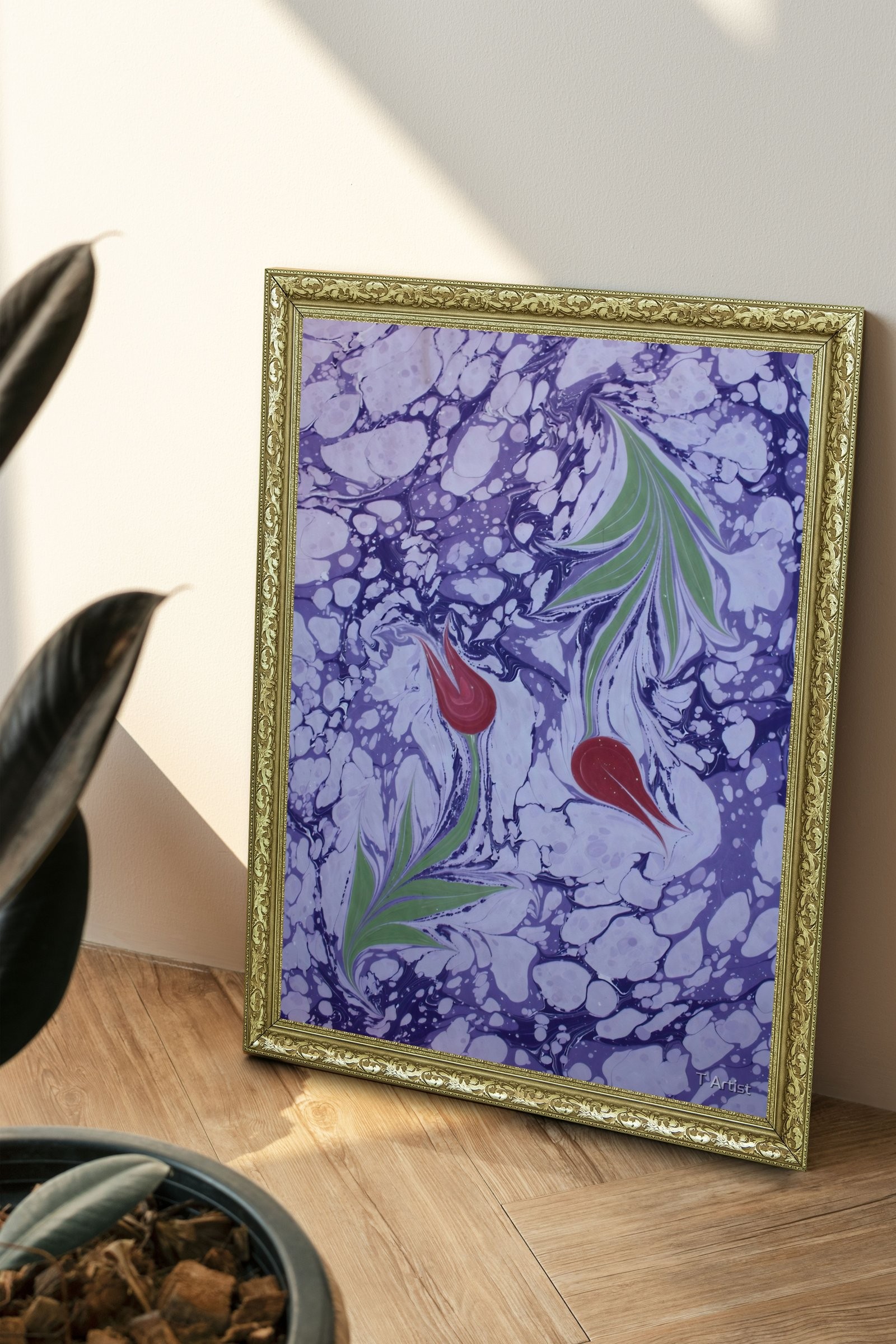 Mor Zemin Üzerine Dağılmış Lale Motifli Ebru 60x80 cm Çerçeveli Tablo