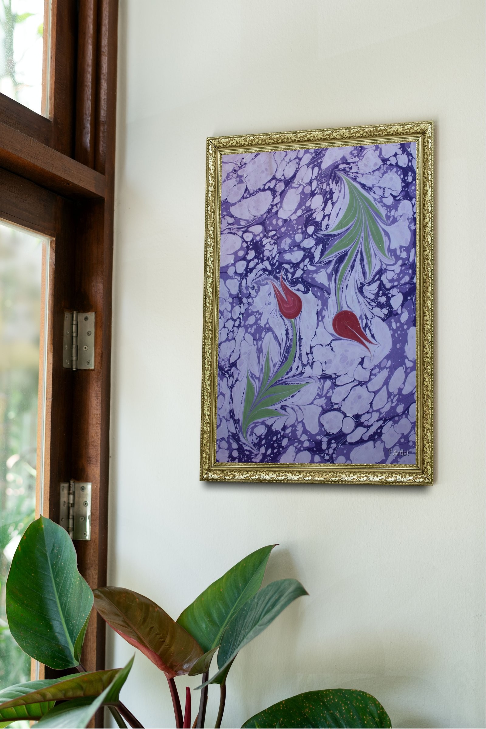 Mor Zemin Üzerine Dağılmış Lale Motifli Ebru 60x80 cm Çerçeveli Tablo