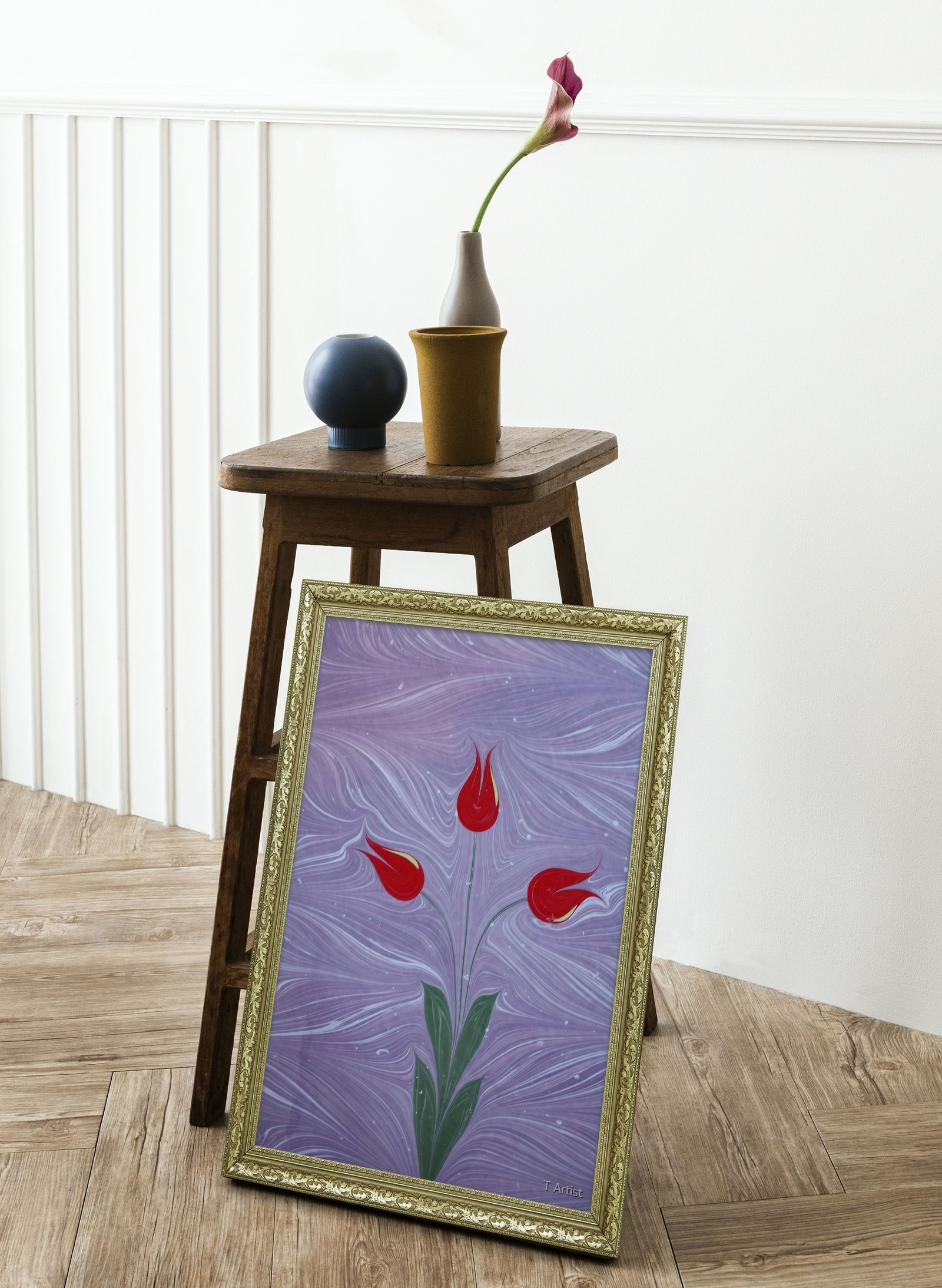 Lila Zemin Üzerinde Üç Lale Ebru 60x80 cm Çerçeveli Tablo