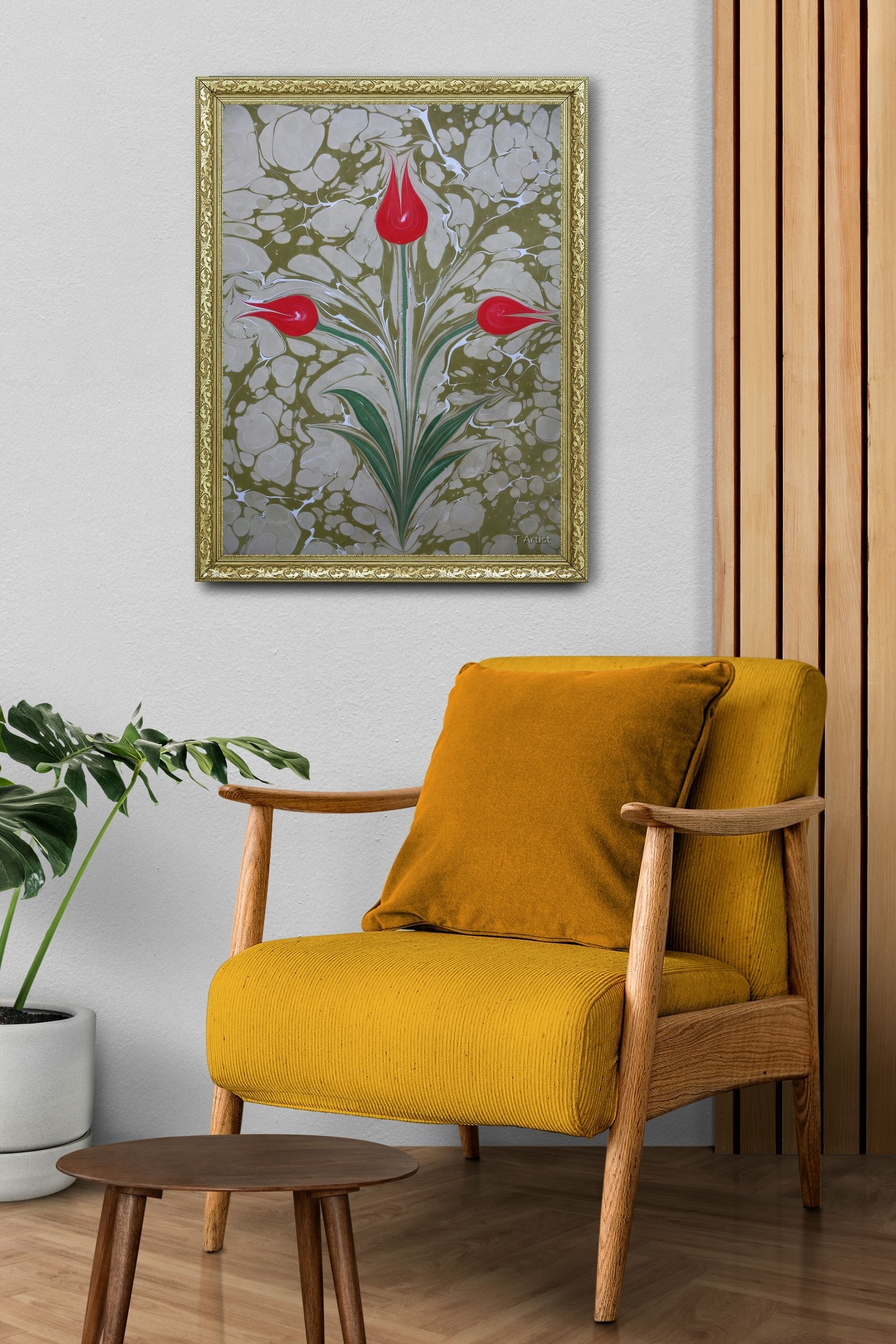 Pembe ve Beyaz Lale Desenli Ebru 60x80 cm Çerçeveli Tablo