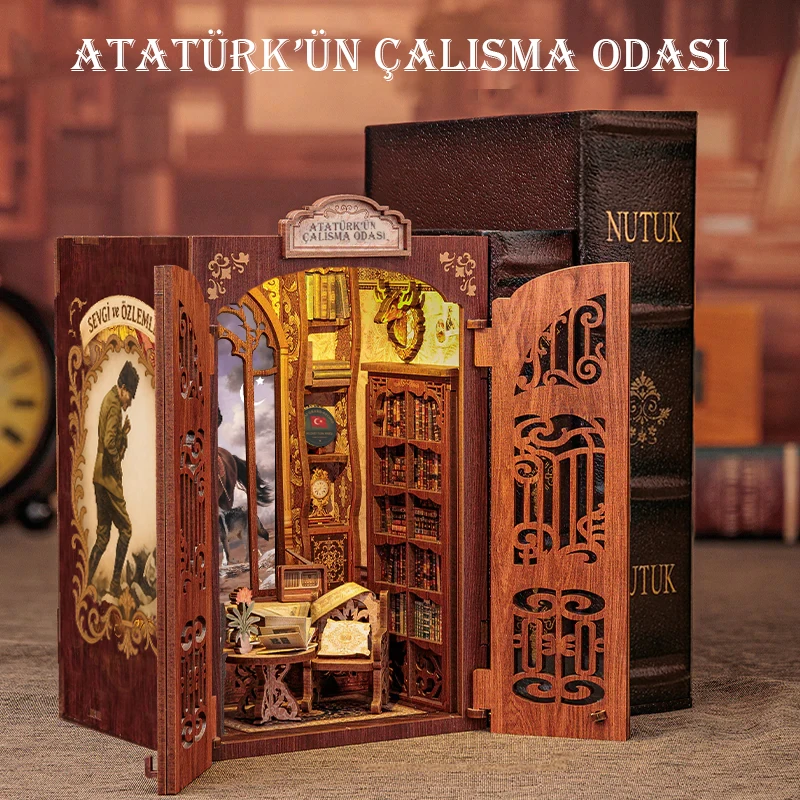 Atatürk Çalışma Odası Book Nook – Kendin Yap Mini Kitap Evi – Ahşap Maket – LED Işıklı Hediye Seti
