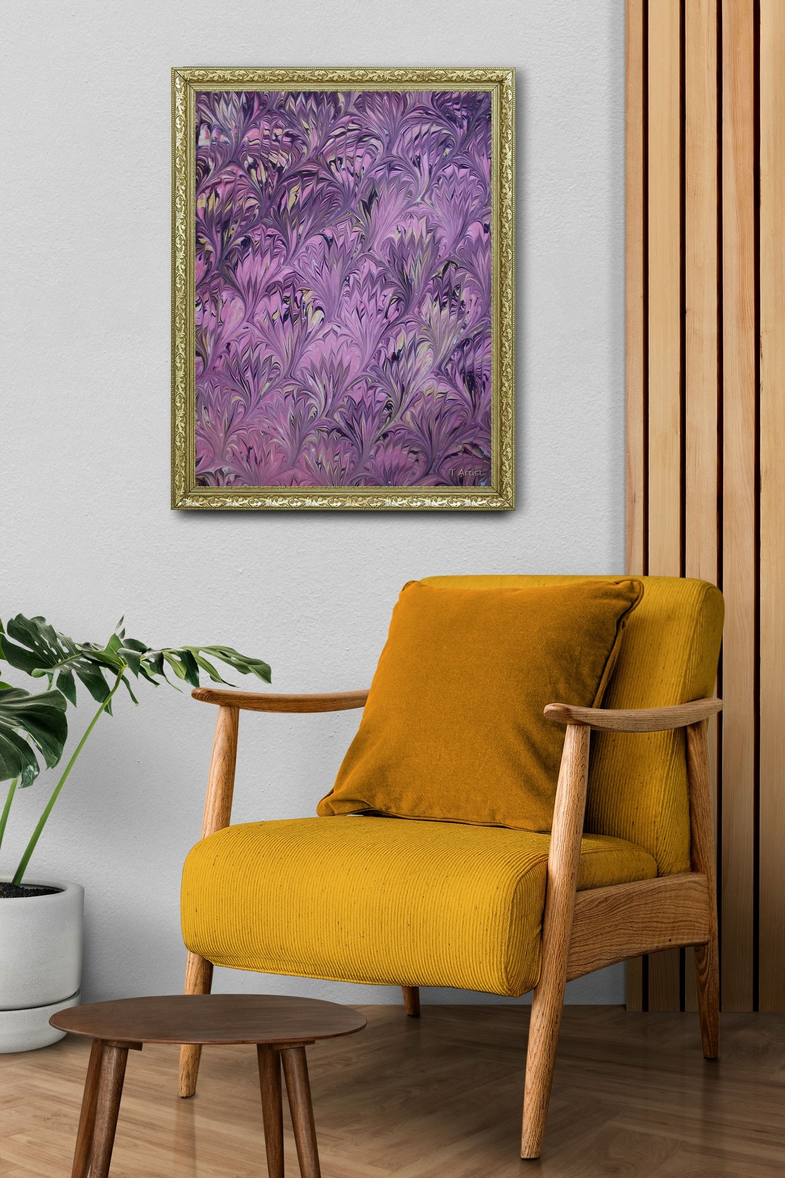 Mor Tonlarda Desenli Ebru 60x80 cm Çerçeveli Tablo