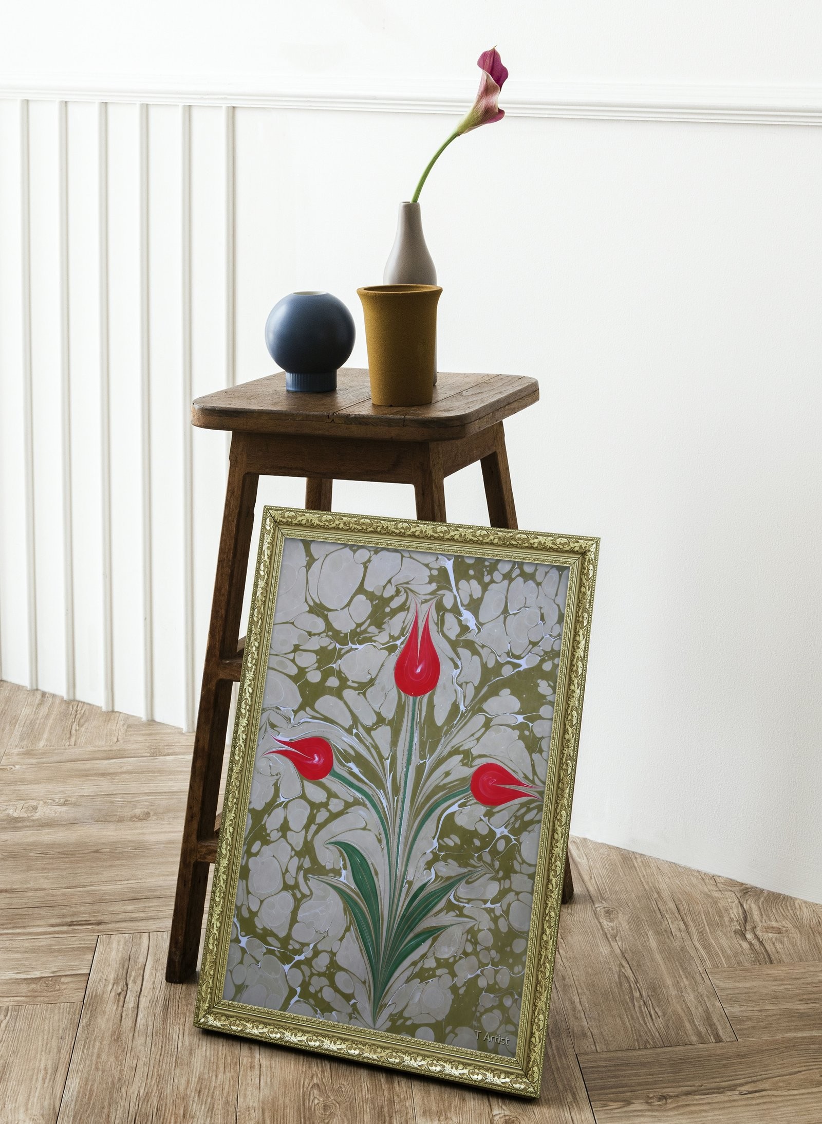 Pembe ve Beyaz Lale Desenli Ebru 60x80 cm Çerçeveli Tablo