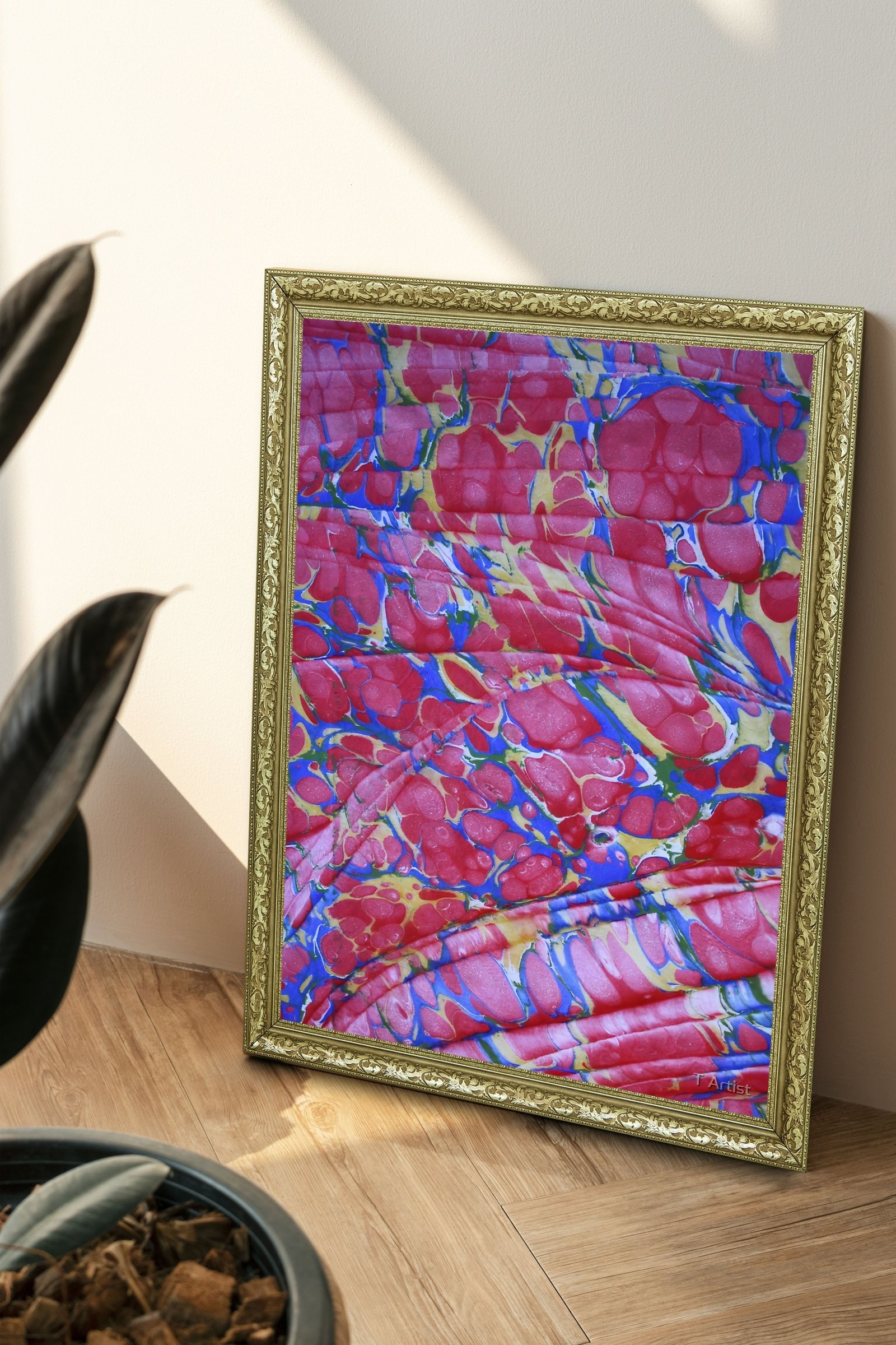 Kırmızı Gül Motifli Ebru 60x80 cm Çerçeveli Tablo