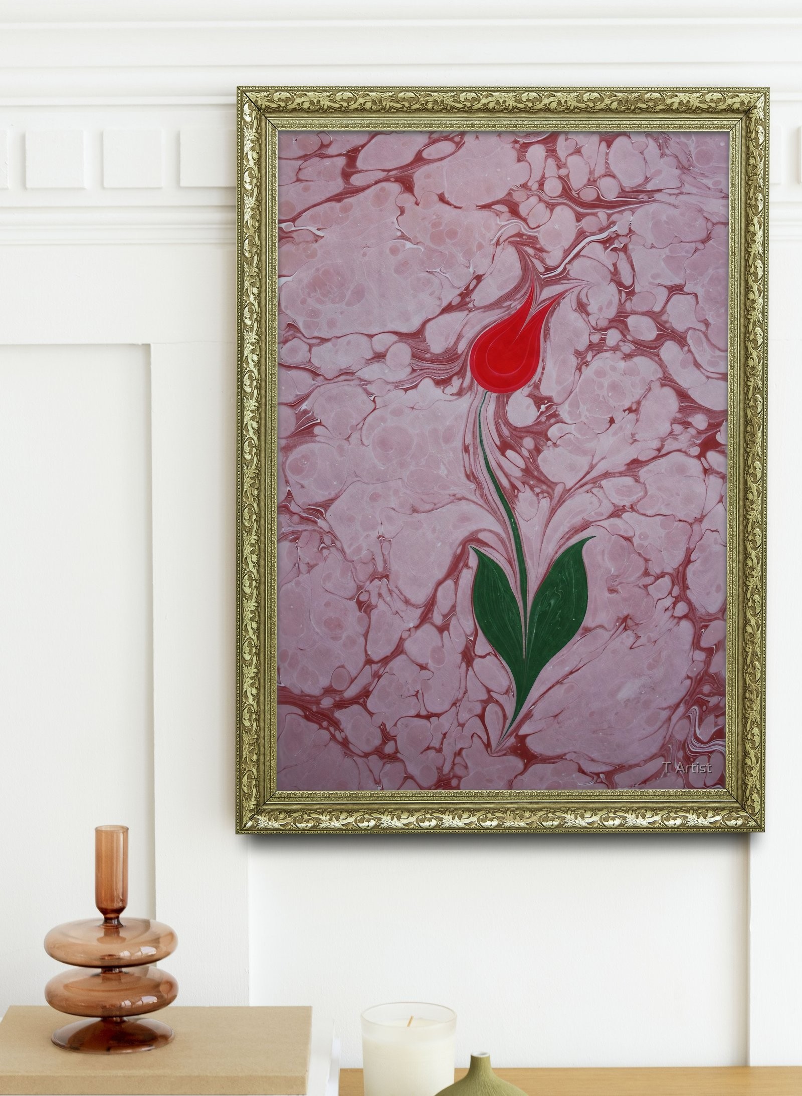 Açık Yeşil Zemin Üzerine Pembe Laleler Ebru 60x80 cm Çerçeveli Tablo