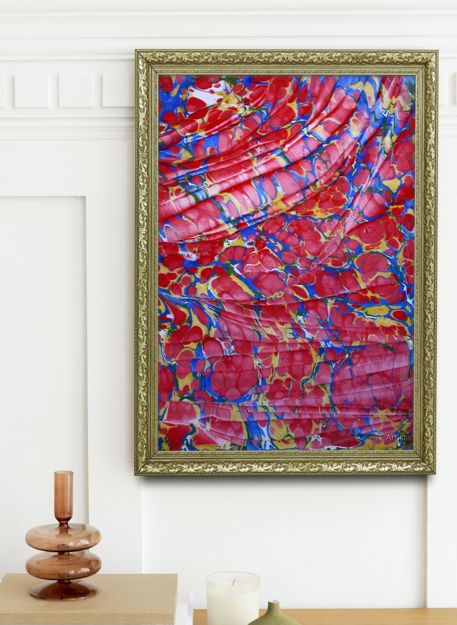 Mavi ve Yeşil Damarlı Ebru 60x80 cm Çerçeveli Tablo