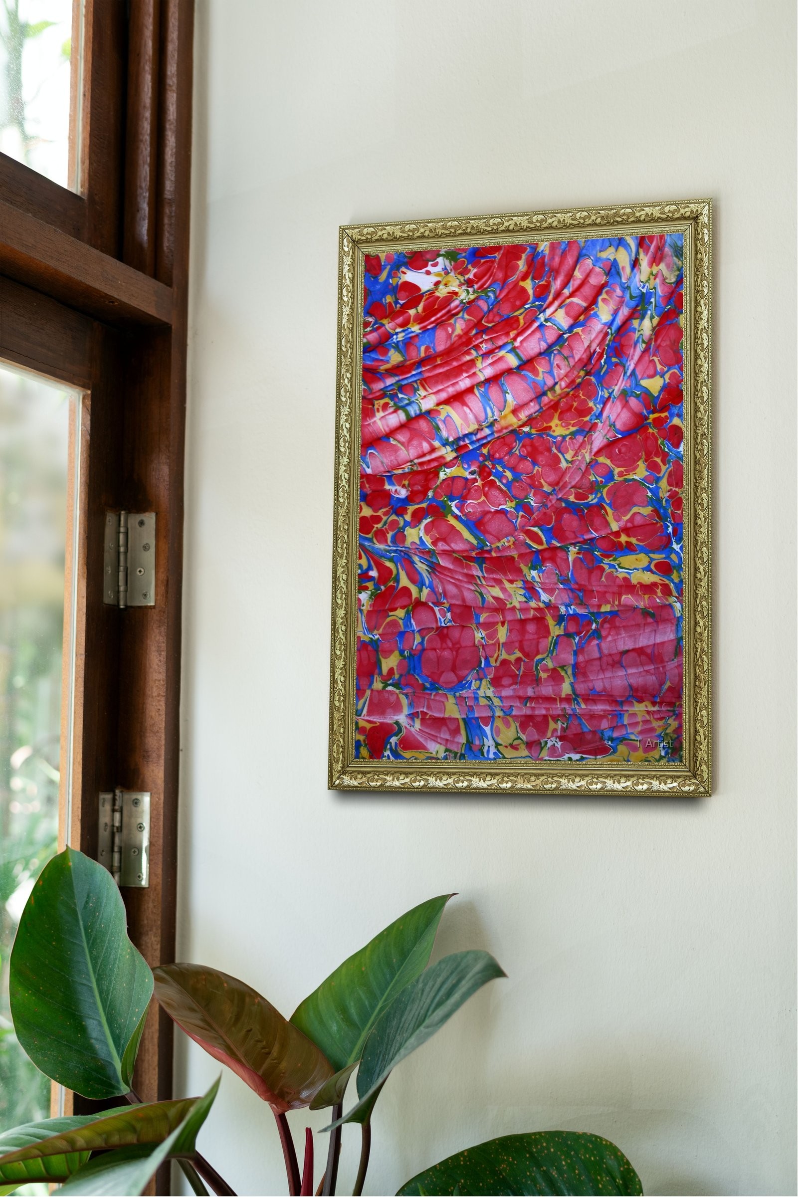 Mavi ve Yeşil Damarlı Ebru 60x80 cm Çerçeveli Tablo