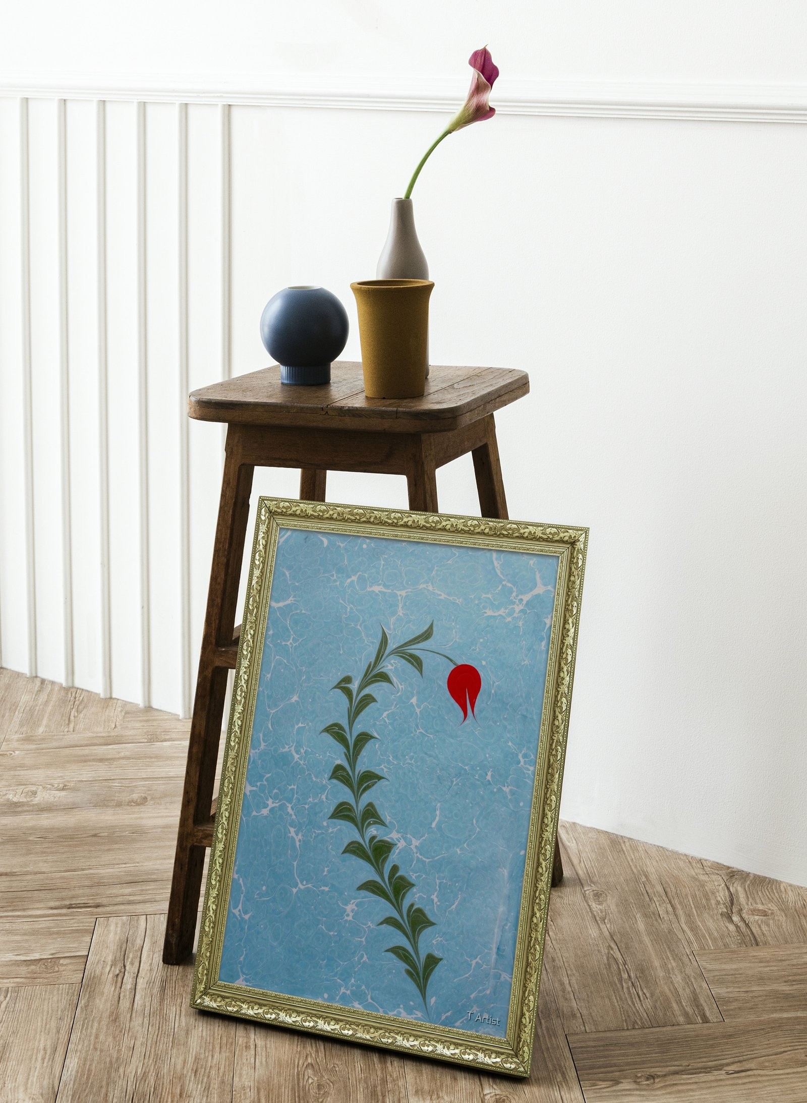 Bordo, Mor ve Mavi Serbest Fırça Desenli Ebru 60x80 cm Çerçeveli Tablo