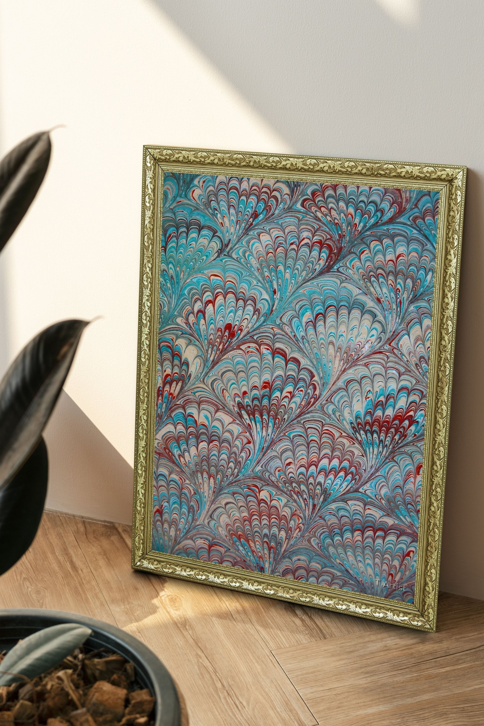 Turkuaz ve Kırmızı Damarlı Ebru 60x80 cm Çerçeveli Tablo