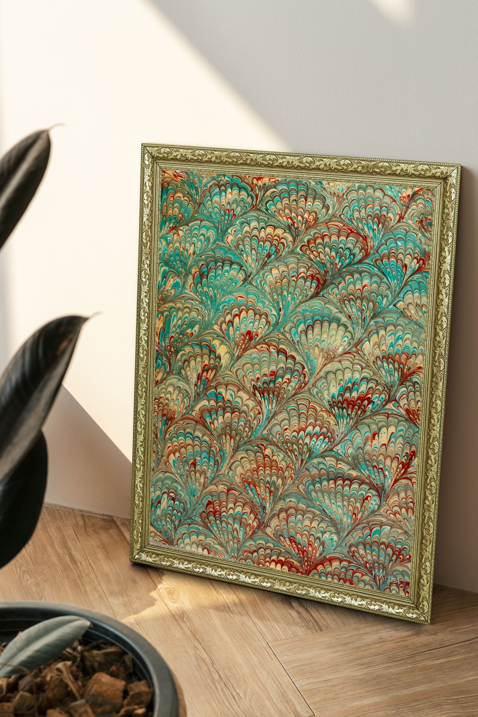 Turkuaz Damarlı Klasik Ebru 60x80 cm Çerçeveli Tablo