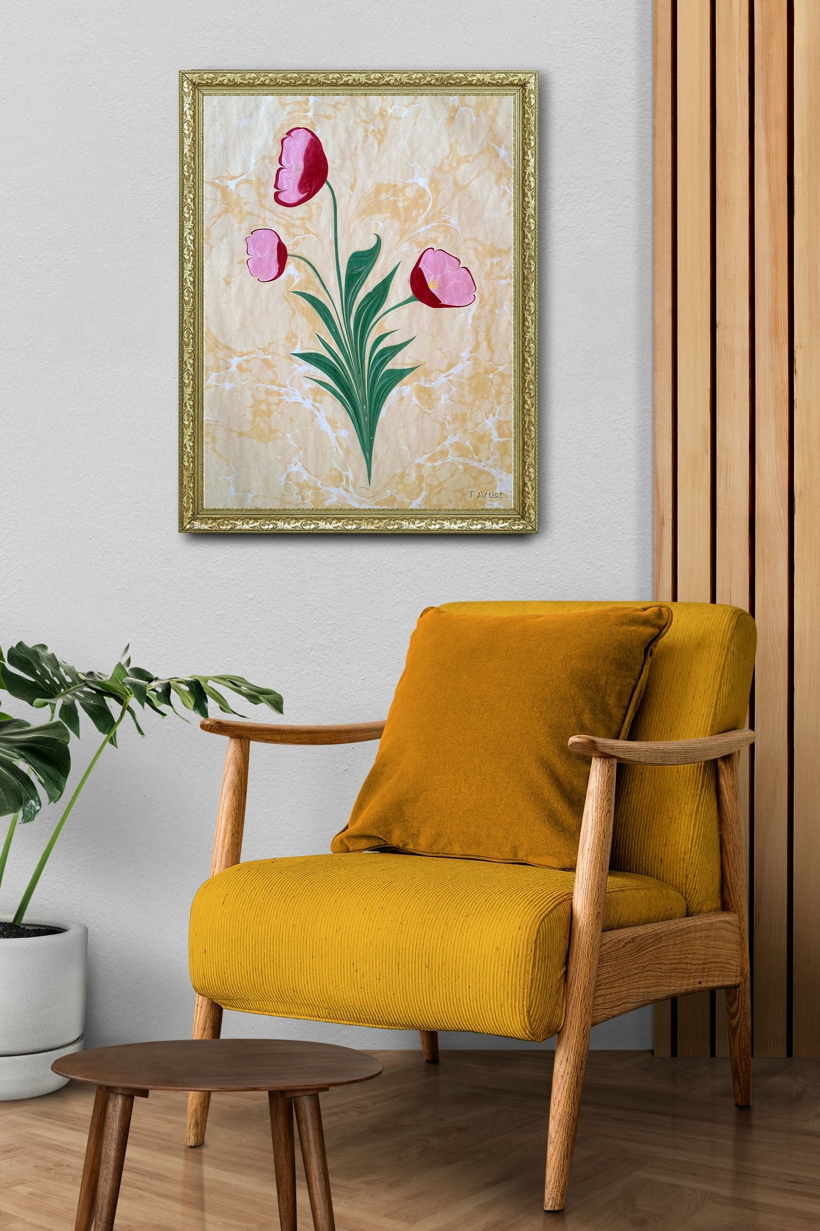 Mor ve Fuşya Serbest Fırça Desenli Ebru 60x80 cm Çerçeveli Tablo