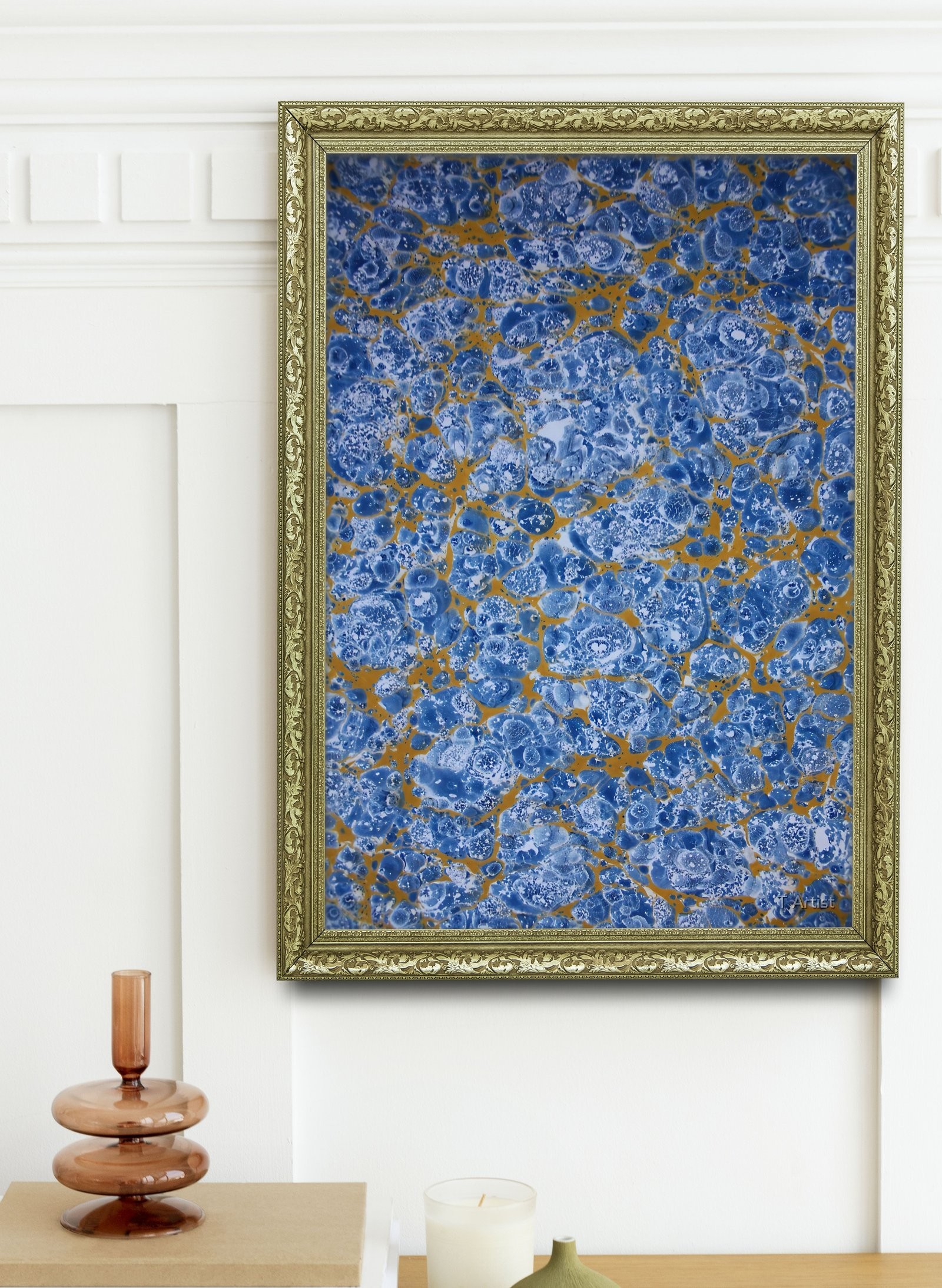 Altın Sarısı Hareler Üzerinde Mavi Dokulu Ebru 60x80 cm Çerçeveli Tablo