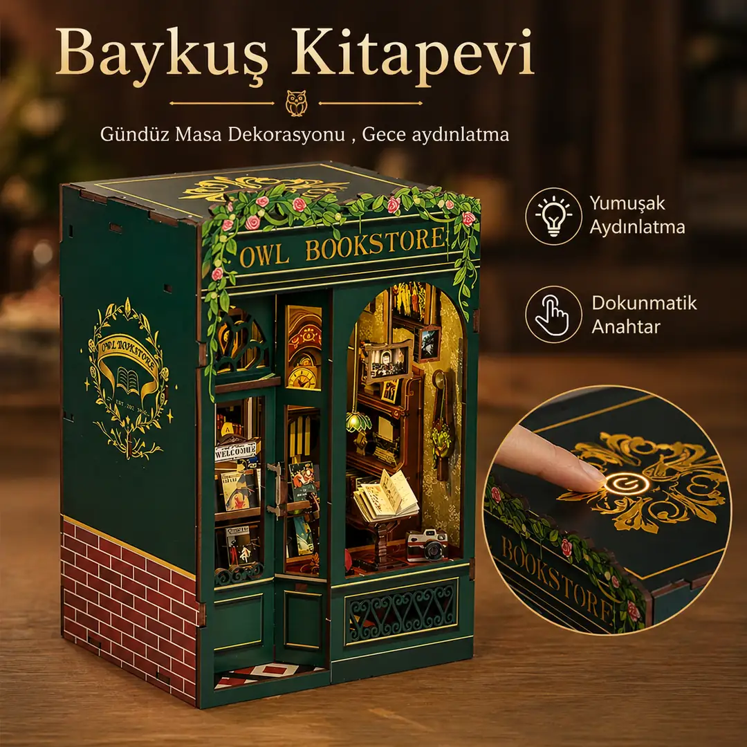 Owl Bookstore dokunmatik LED ışıklı book nook
