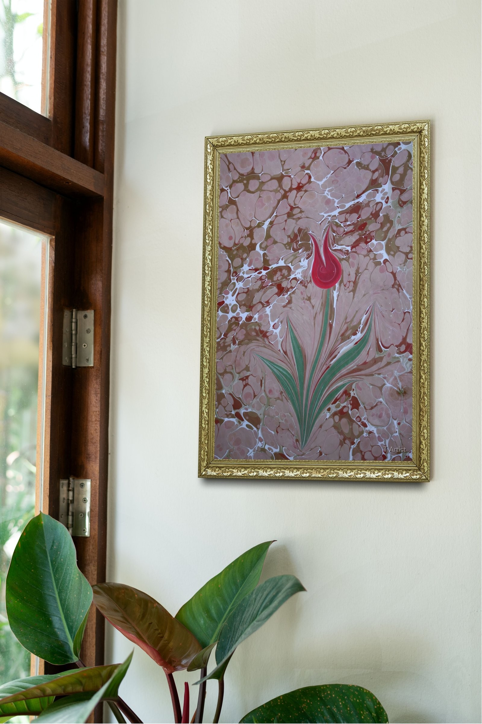 Kahverengi Zemin Üzerine Tek Kırmızı Lale 60x80 cm Çerçeveli Tablo