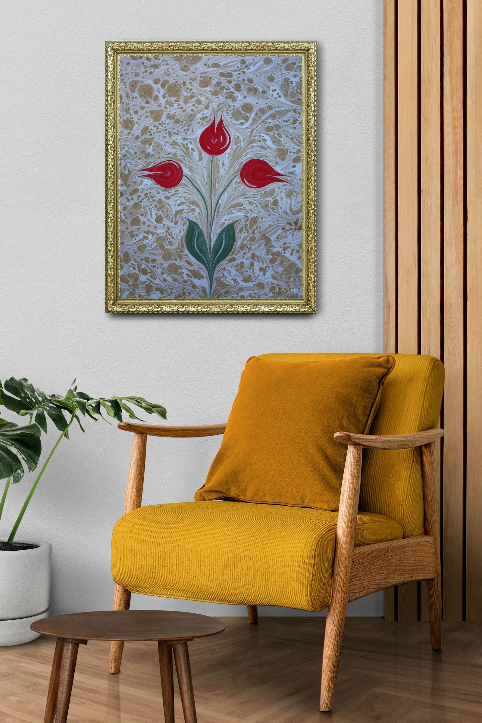 Bej Zemin Üzerinde Kırmızı Laleler Ebru 60x80 cm Çerçeveli Tablo