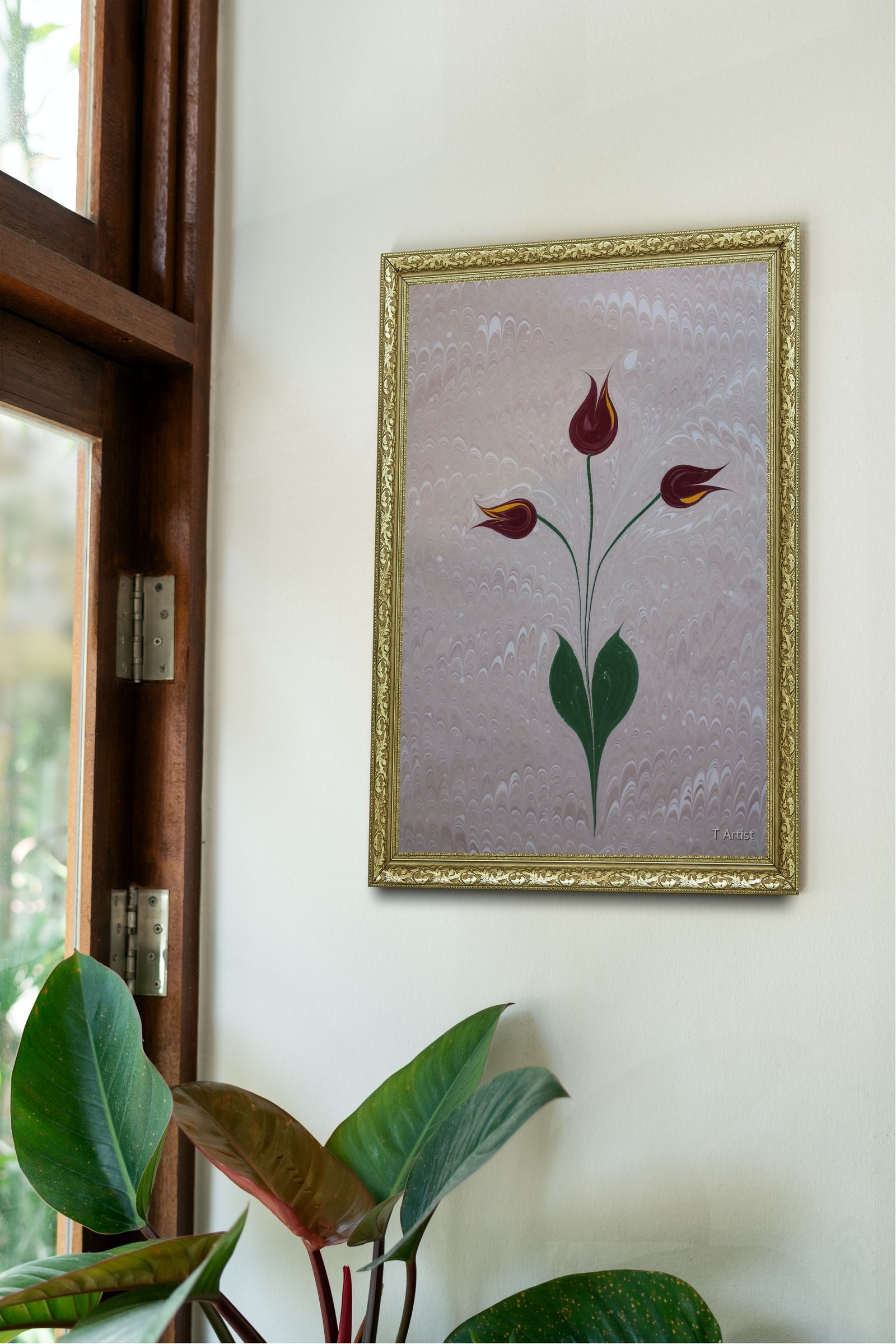 Krem Zemin Üzerinde Bordo Laleler Ebru 60x80 cm Çerçeveli Tablo