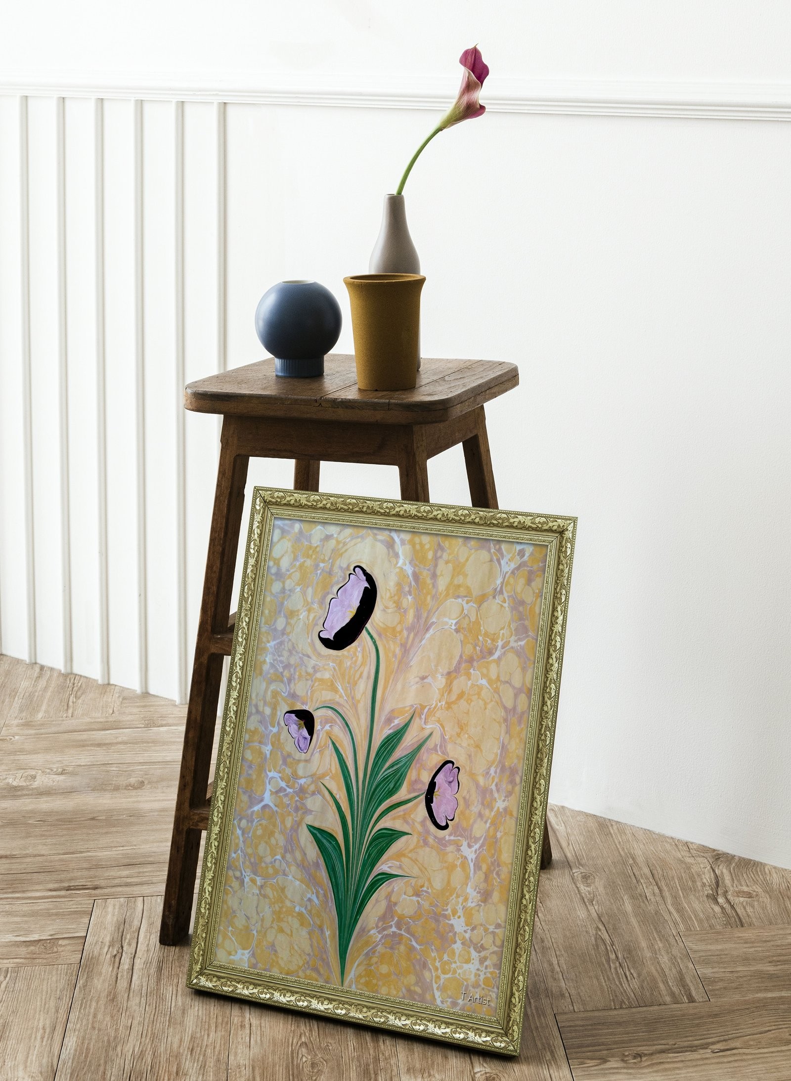 Bordo ve Pembe Laleler Ebru 60x80 cm Çerçeveli Tablo