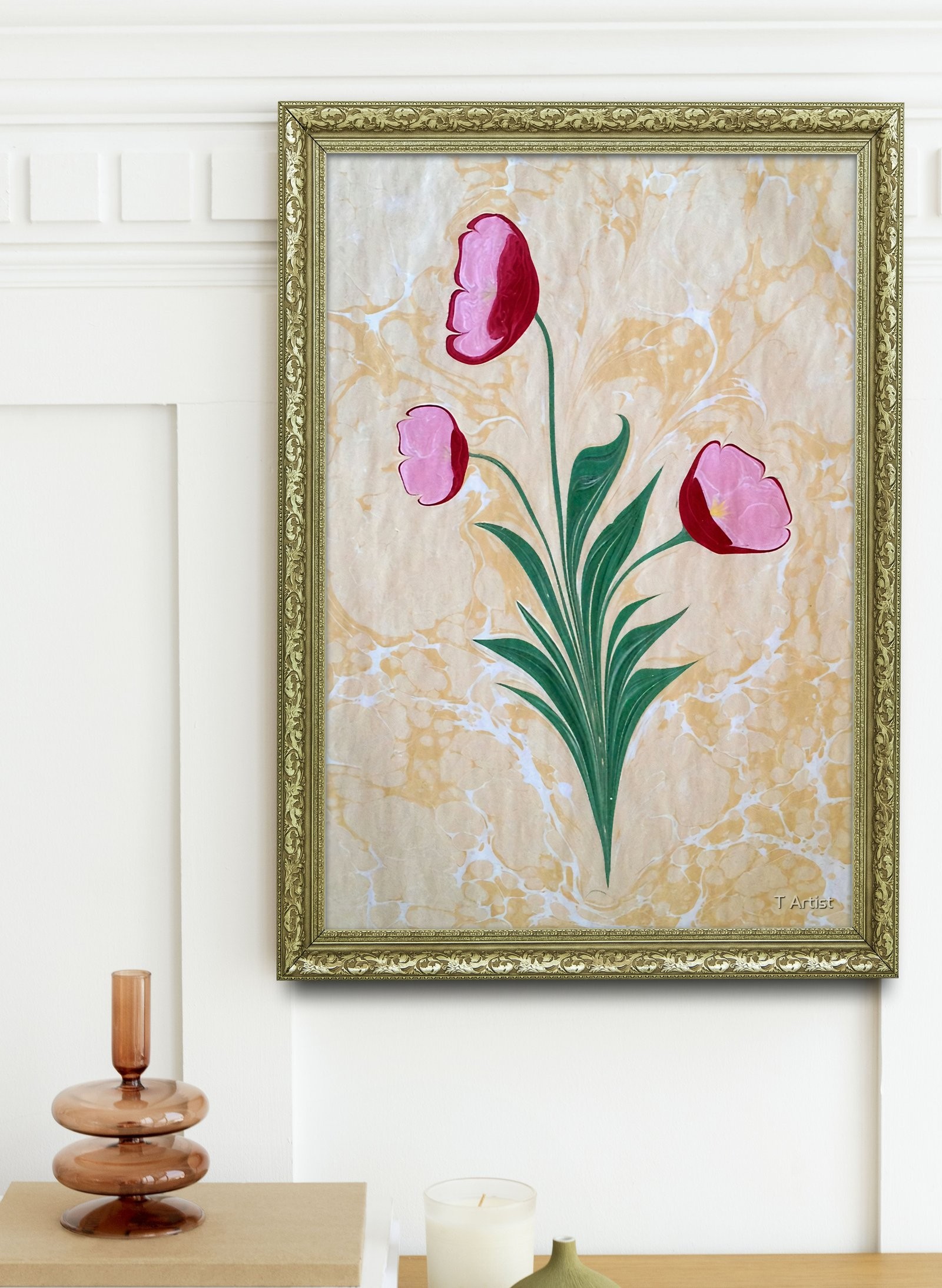 Mor ve Fuşya Serbest Fırça Desenli Ebru 60x80 cm Çerçeveli Tablo