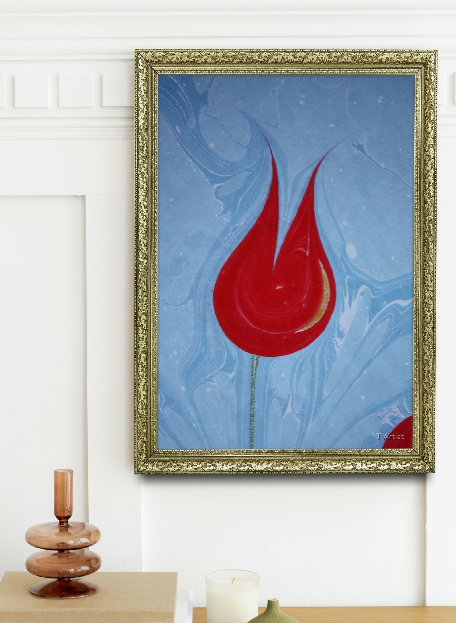 Fuşya, Turkuaz ve Sarı Damarlı Ebru 60x80 cm Çerçeveli Tablo