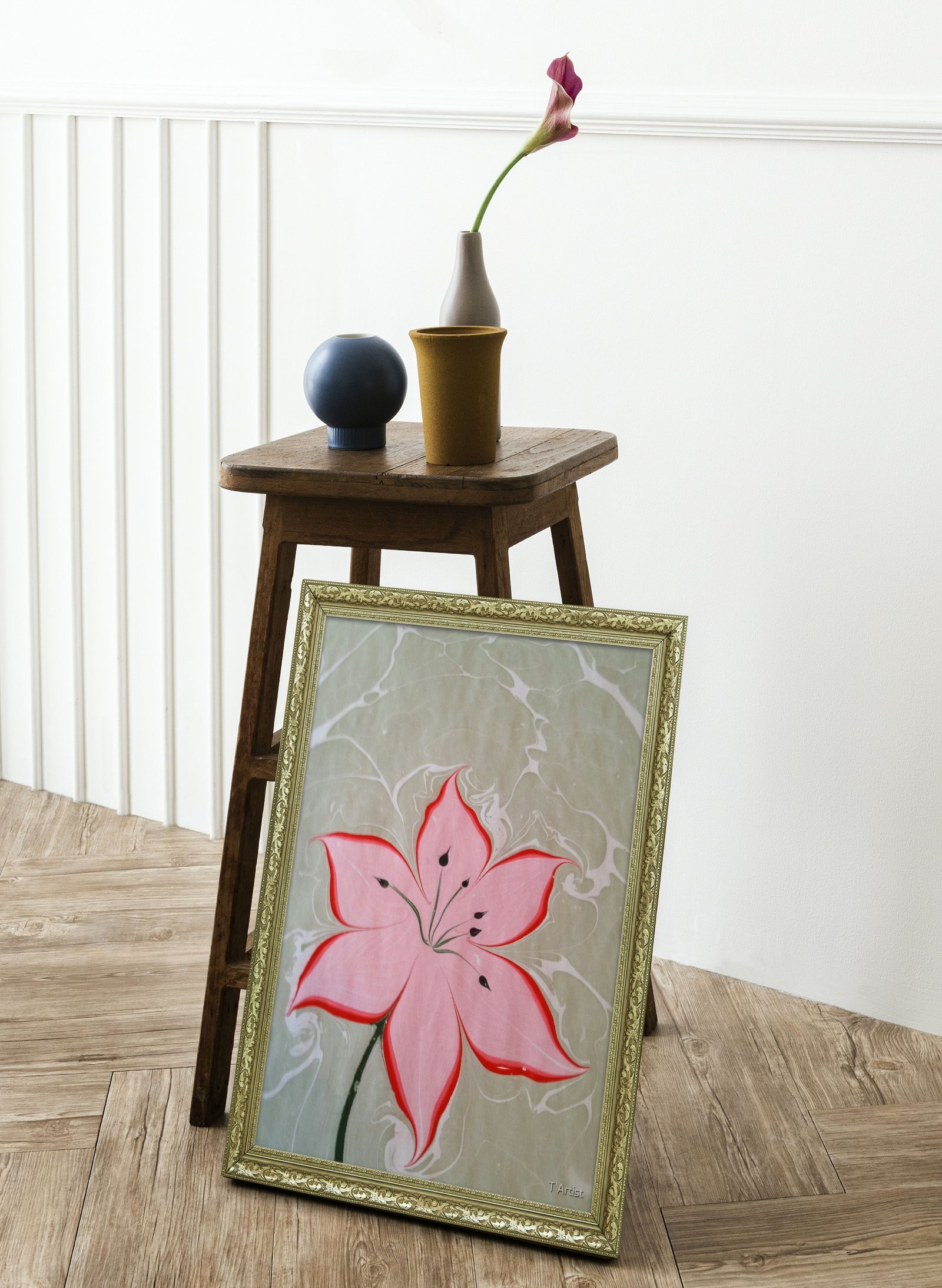 Yeşil ve Sarı Tonlarda Dalgalı Ebru 60x80 cm Çerçeveli Tablo