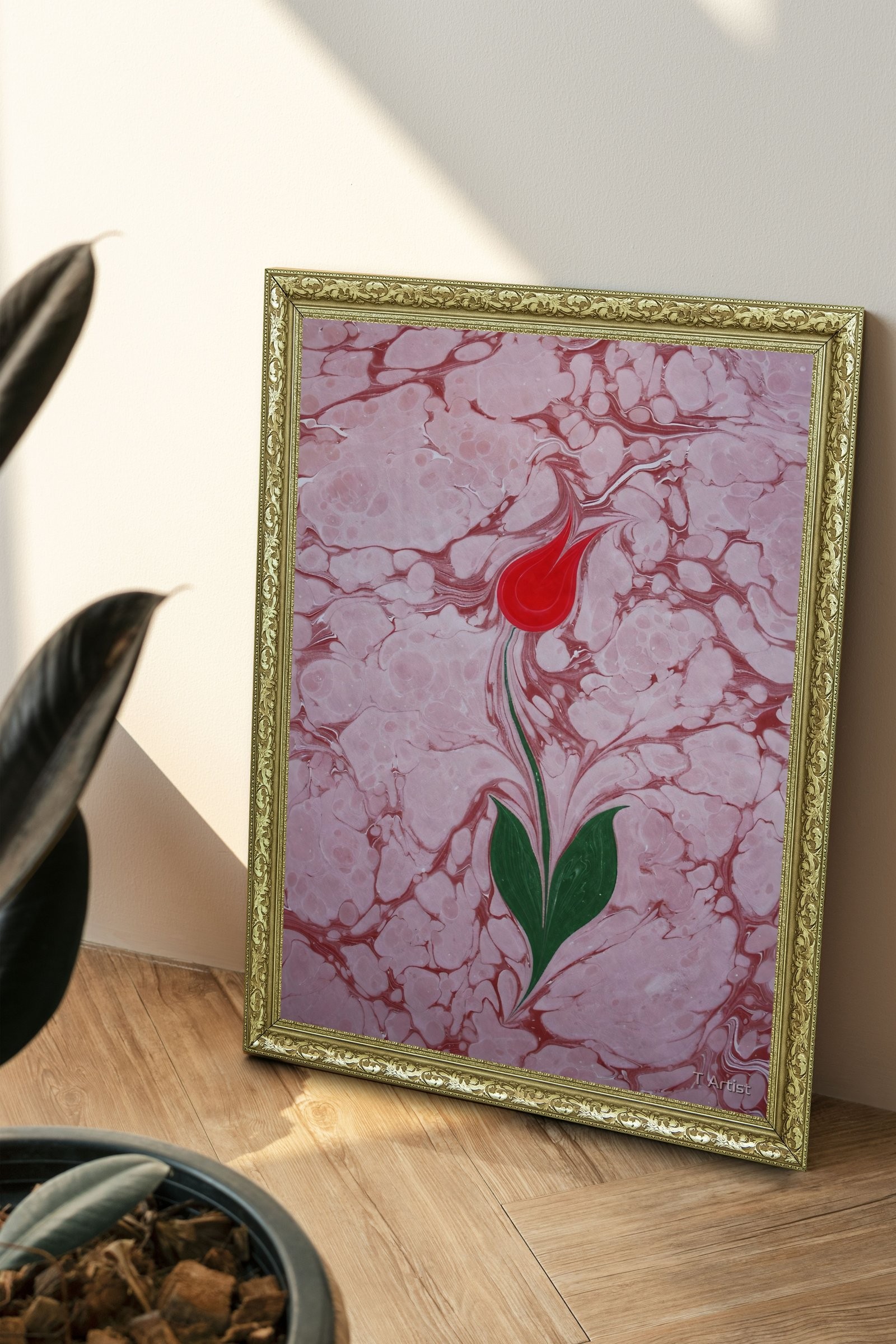 Açık Yeşil Zemin Üzerine Pembe Laleler Ebru 60x80 cm Çerçeveli Tablo