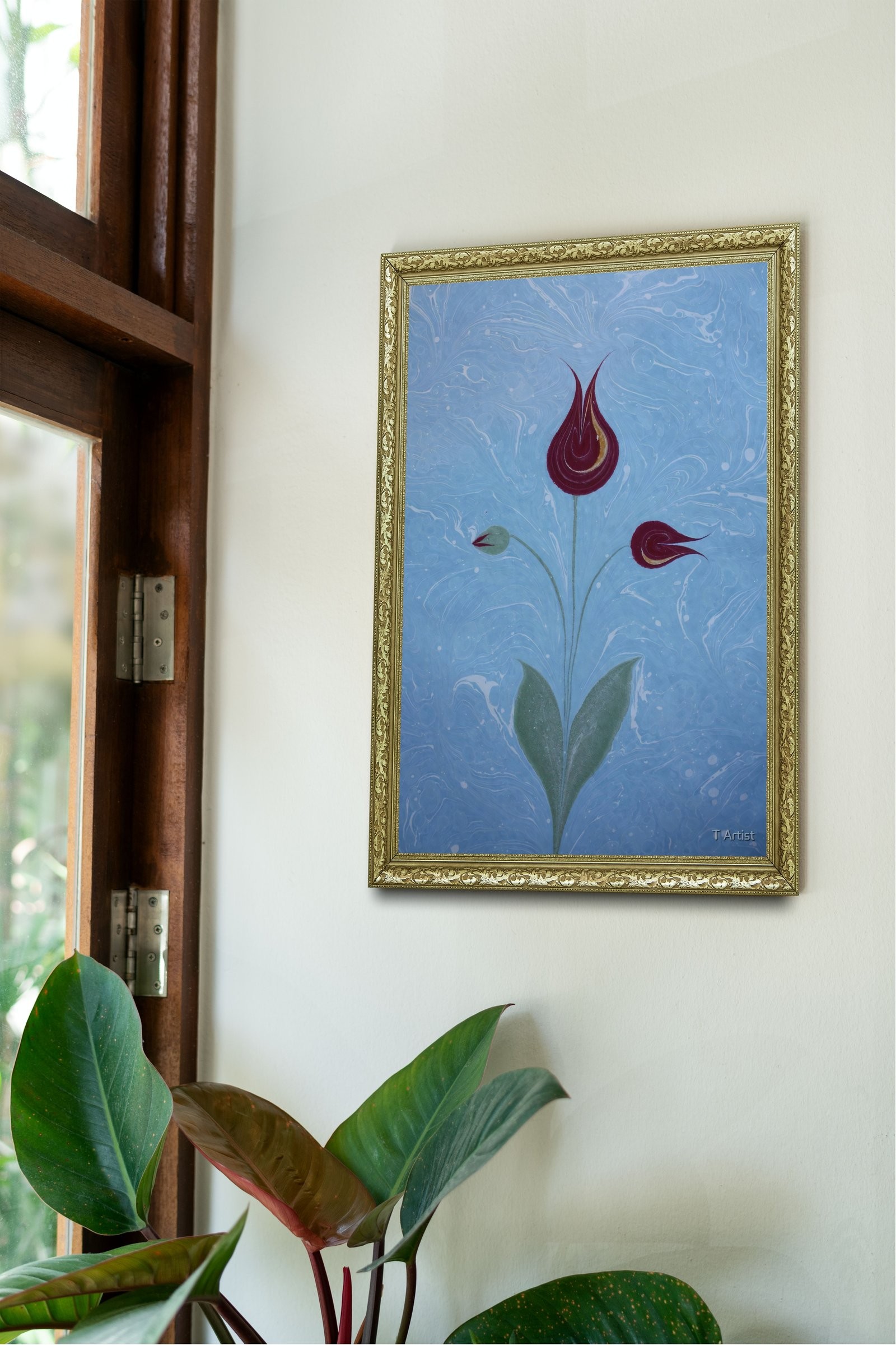 Mavi Zemin Üzerinde Bordo Laleler Ebru 60x80 cm Çerçeveli Tablo
