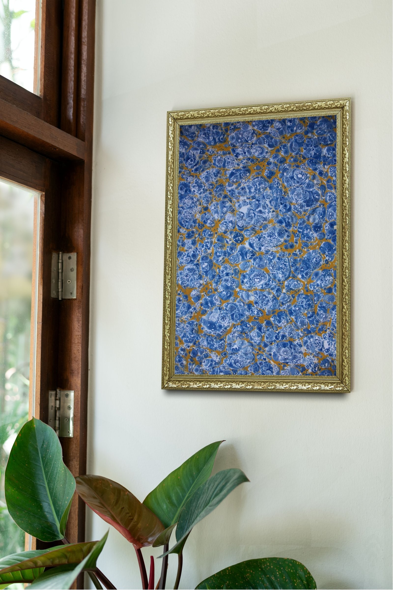 Altın Sarısı Hareler Üzerinde Mavi Dokulu Ebru 60x80 cm Çerçeveli Tablo