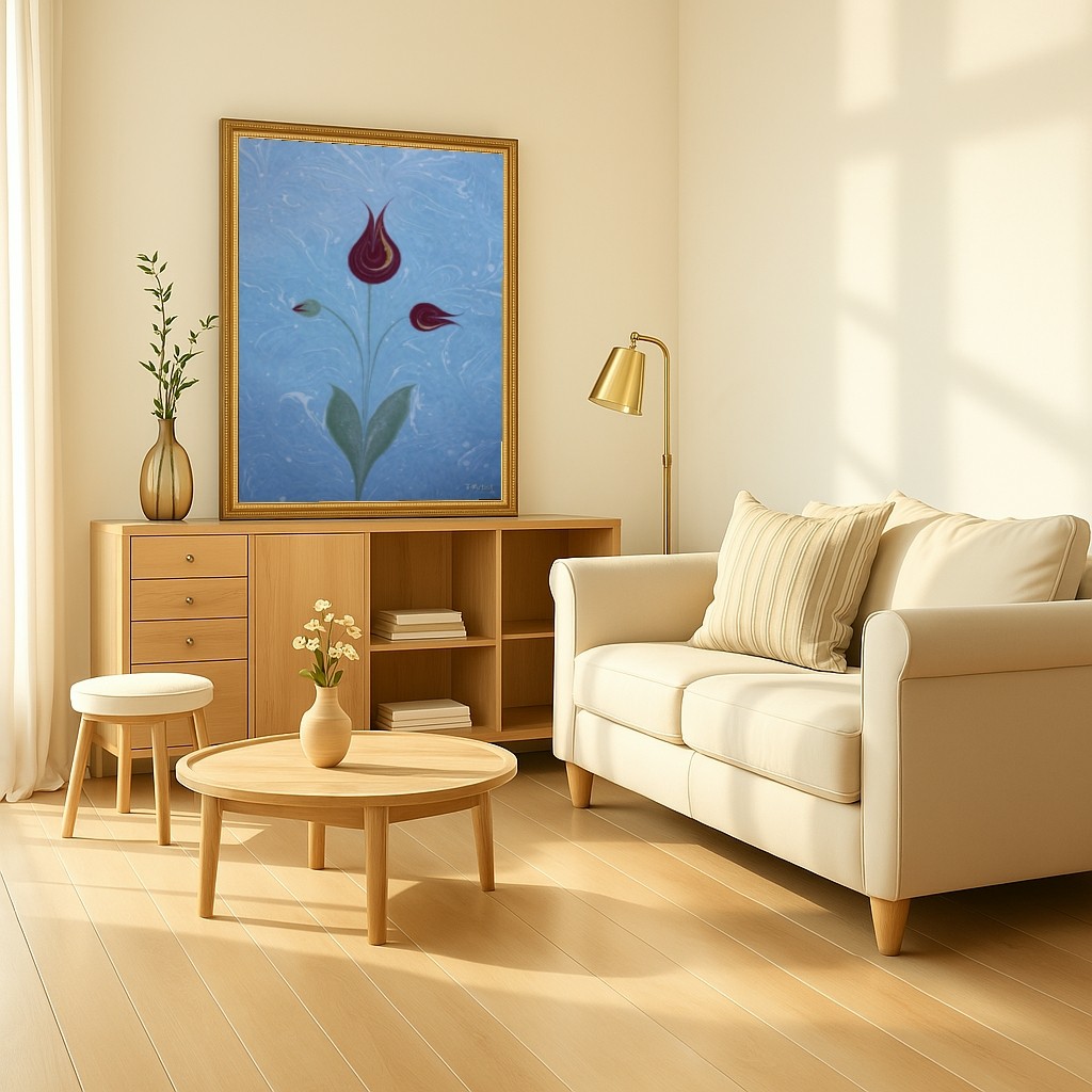 Mavi Zemin Üzerinde Bordo Laleler Ebru 60x80 cm Çerçeveli Tablo
