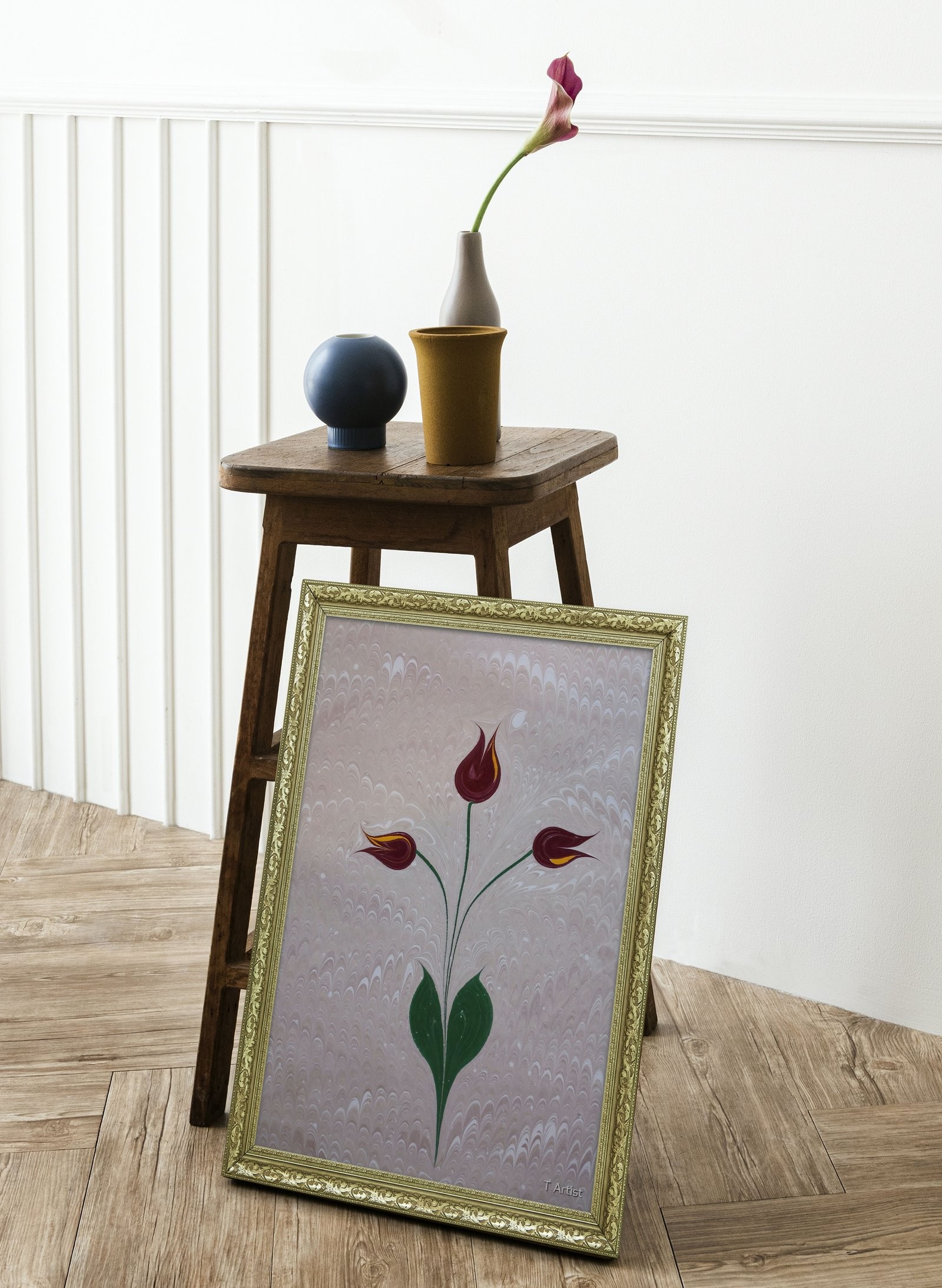 Krem Zemin Üzerinde Bordo Laleler Ebru 60x80 cm Çerçeveli Tablo