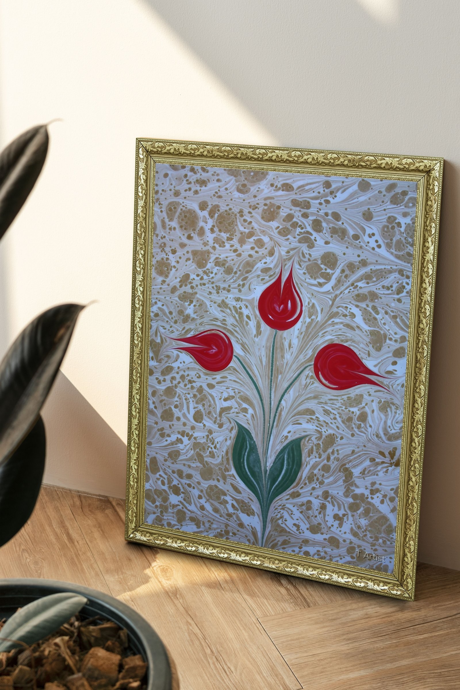 Bej Zemin Üzerinde Kırmızı Laleler Ebru 60x80 cm Çerçeveli Tablo